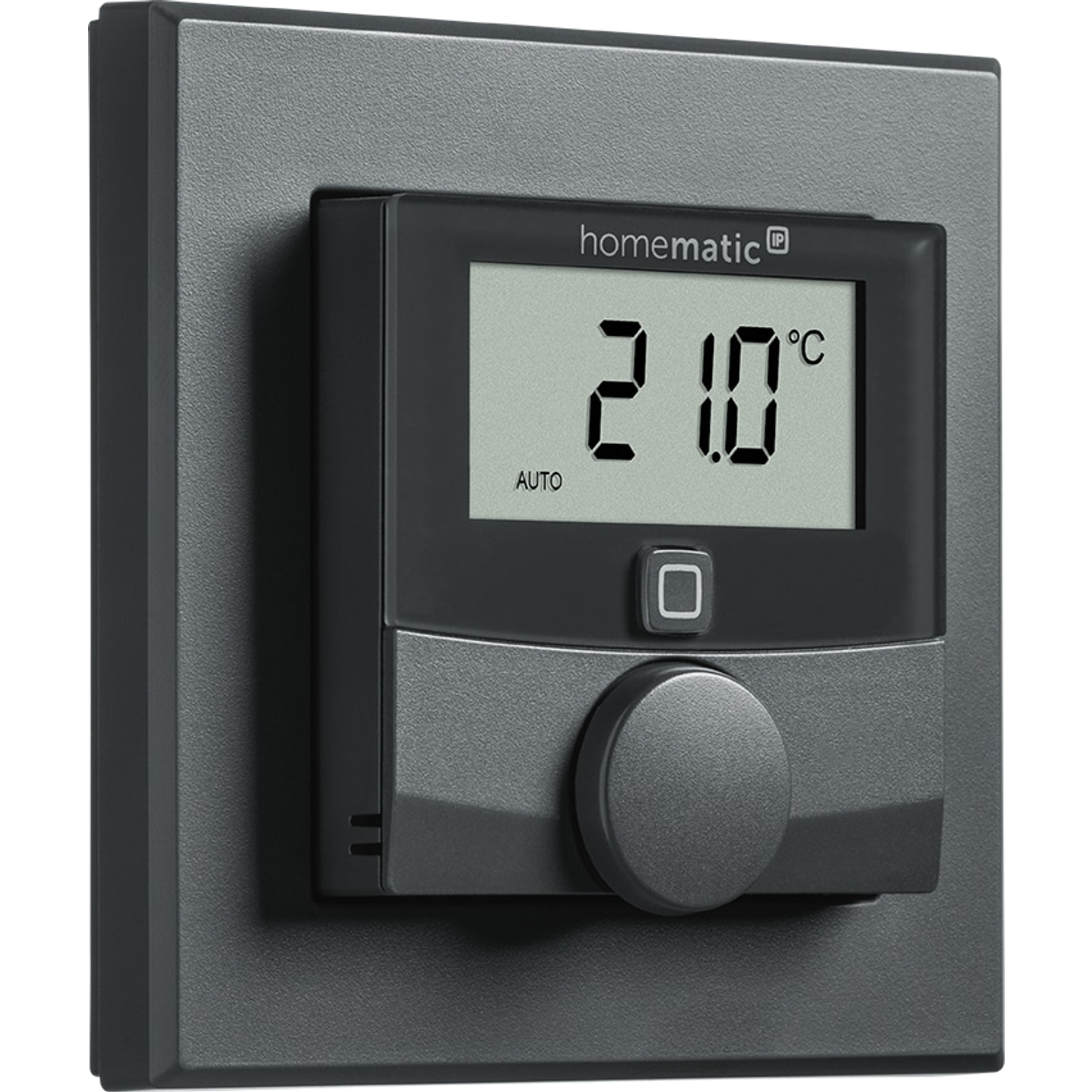 Ein graues Thermostat zeigt 21 Grad Celsius und AUTO an.