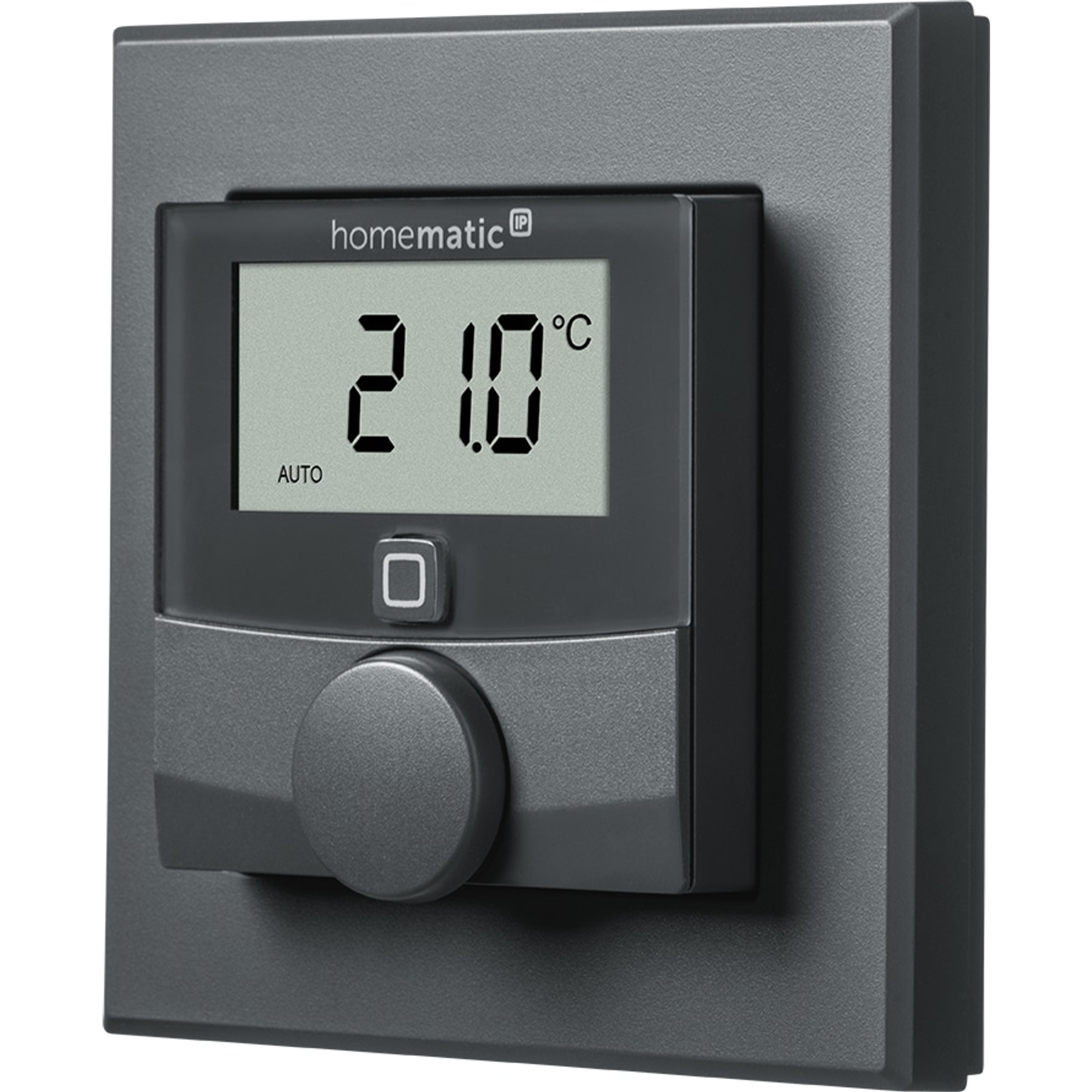 Ein grauer digitaler Thermostat mit Homematic IP Logo und LCD-Anzeige von 21,0 Grad Celsius.