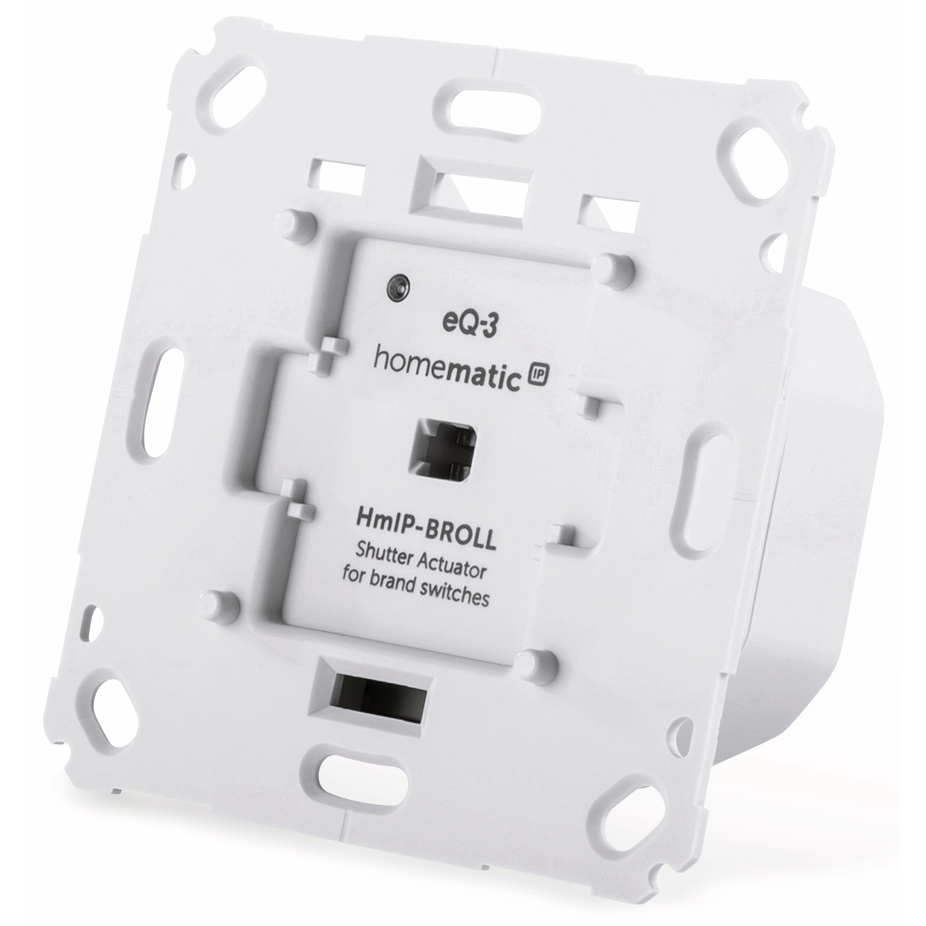 Rückseite eines weißen Homematic IP Rollladenaktors mit Beschriftung.