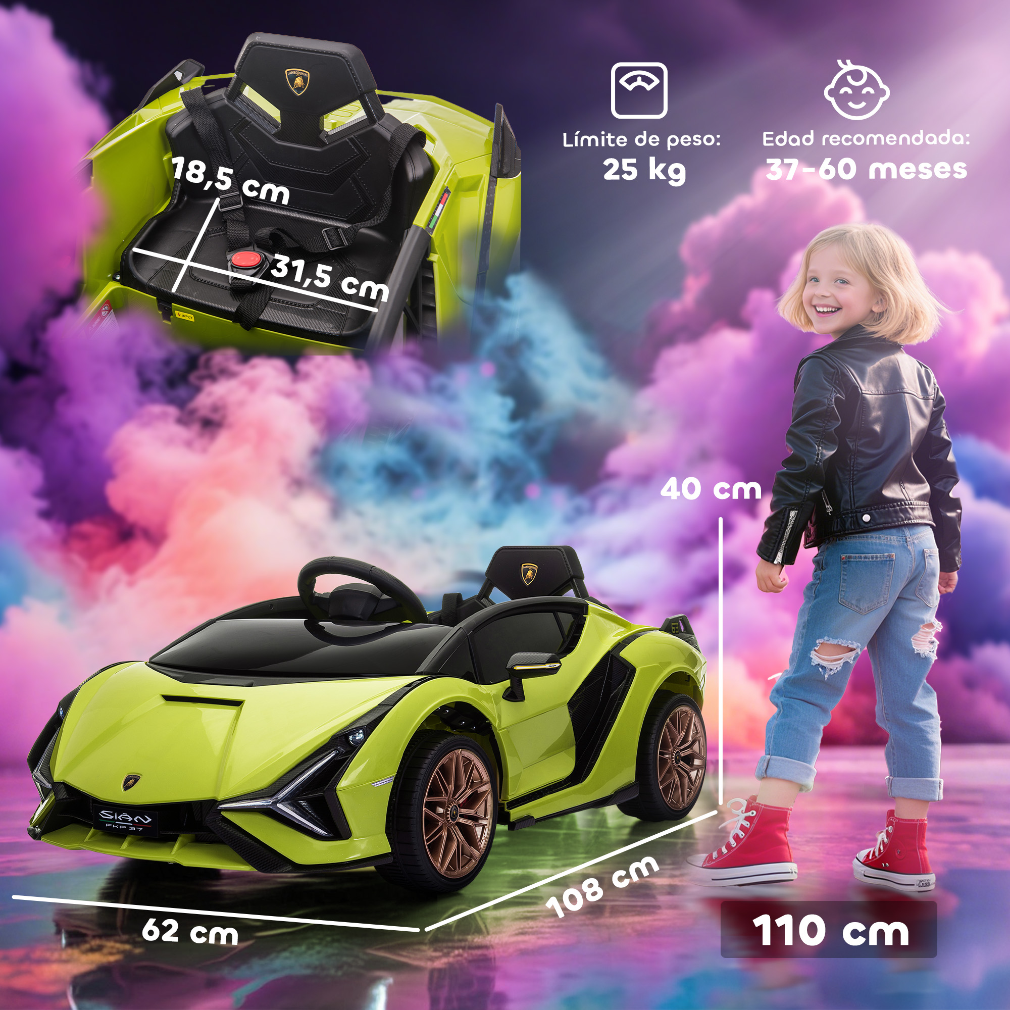 Un coche de juguete verde Lamborghini Sian con un niño al lado. Se muestran las medidas.