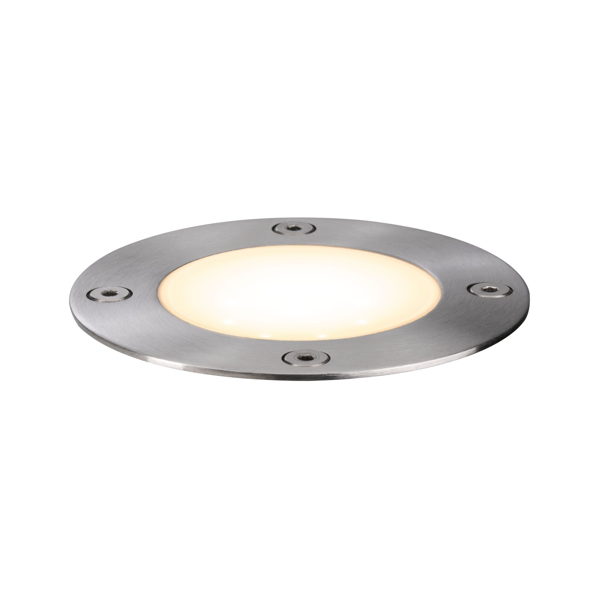 Una lampada rotonda da incasso argentata brilla di bianco caldo.