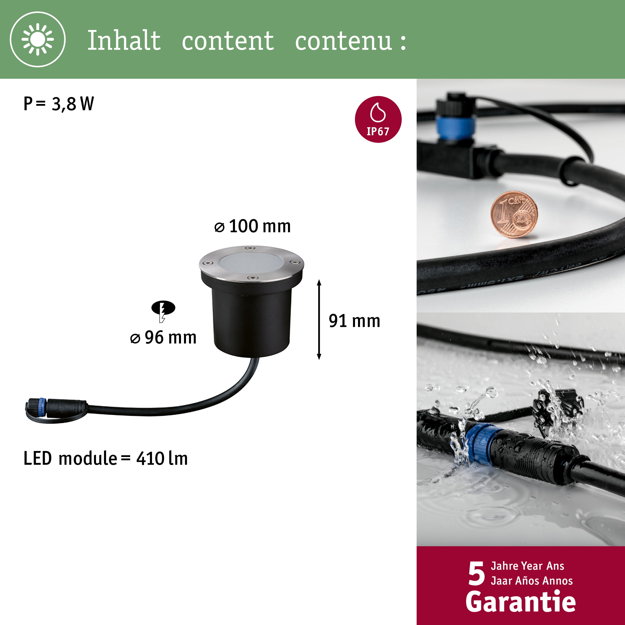 Luce da giardino: 3,8W, Ø100mm, 91mm alto, IP67, 410lm. Garanzia 5 anni.
