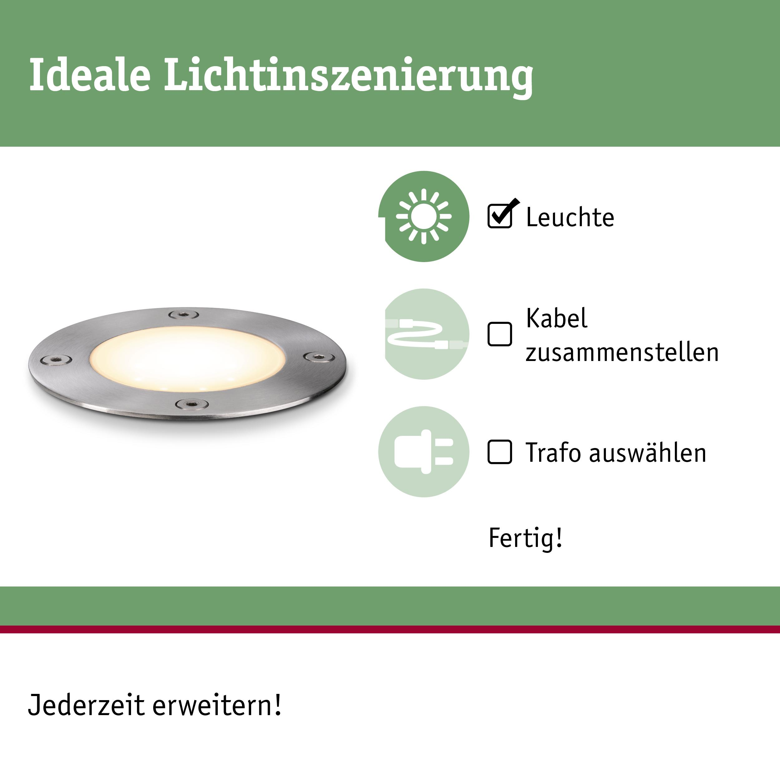 Una luce da incasso con luce bianco caldo, accanto alle icone per lampada, cavo, trasformatore.