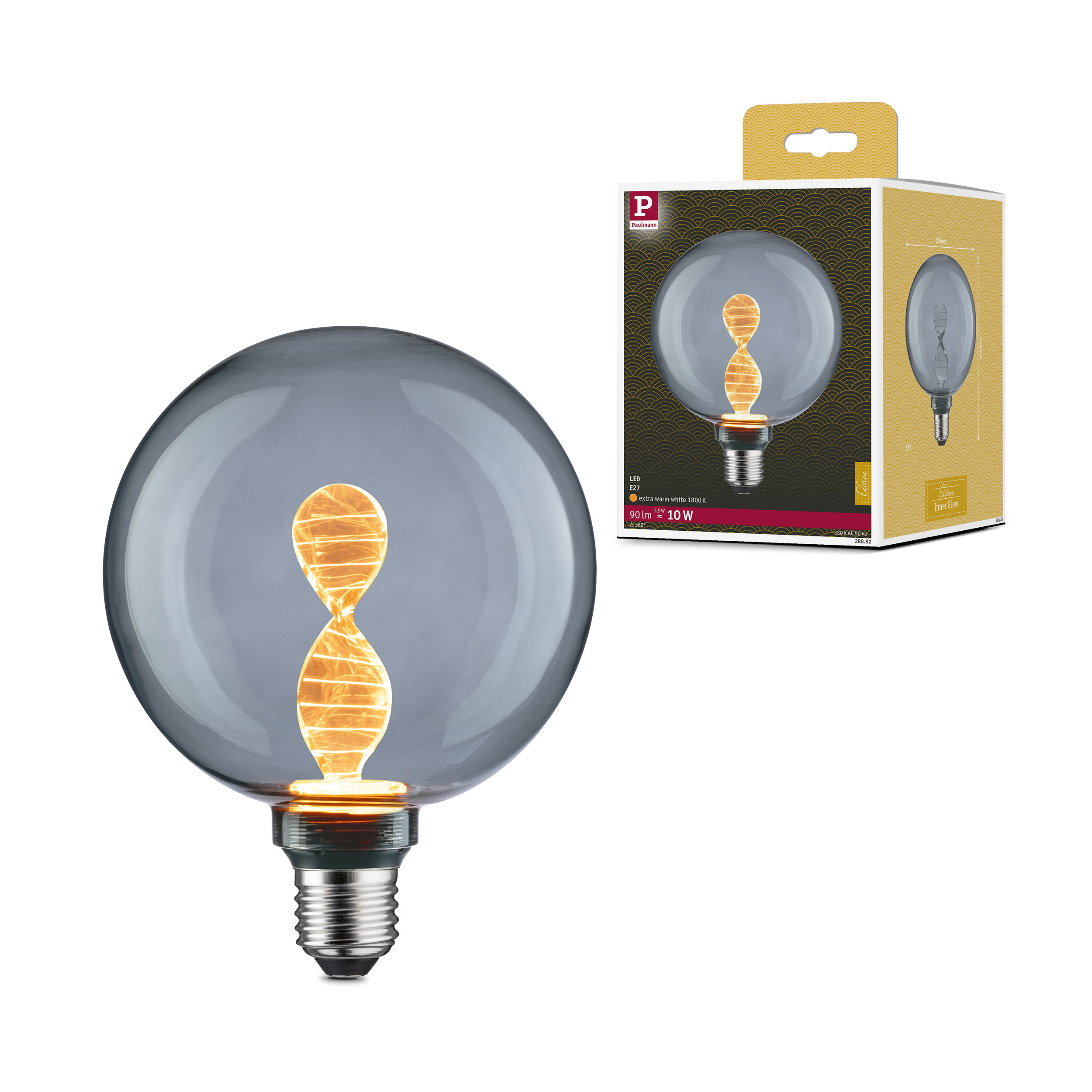 Duża, szara żarówka LED z zakręconym żarnikiem i gwintem E27.