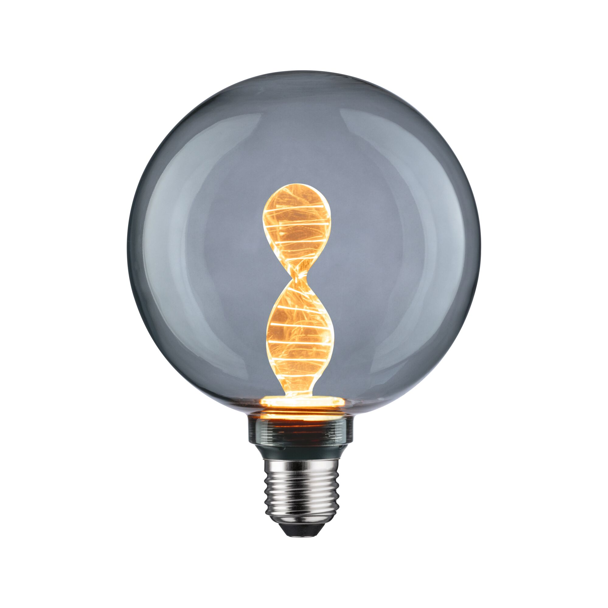 Szara żarówka z żarnikiem w kształcie DNA, na białym tle.