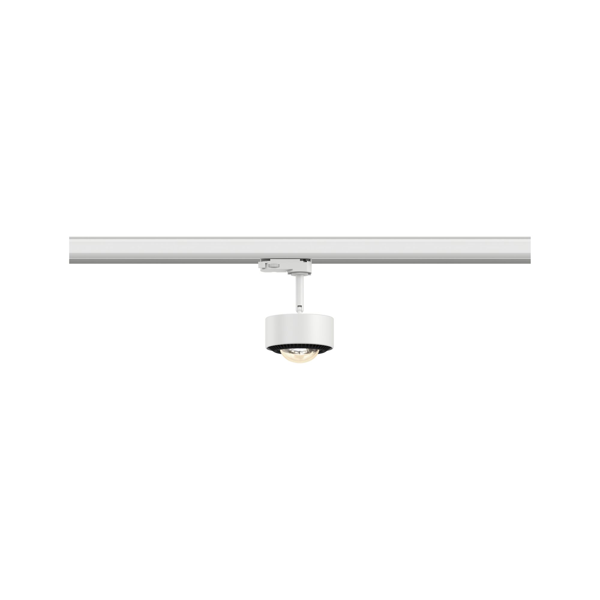 Eine weiße Lampe hängt an einer weißen Schiene.