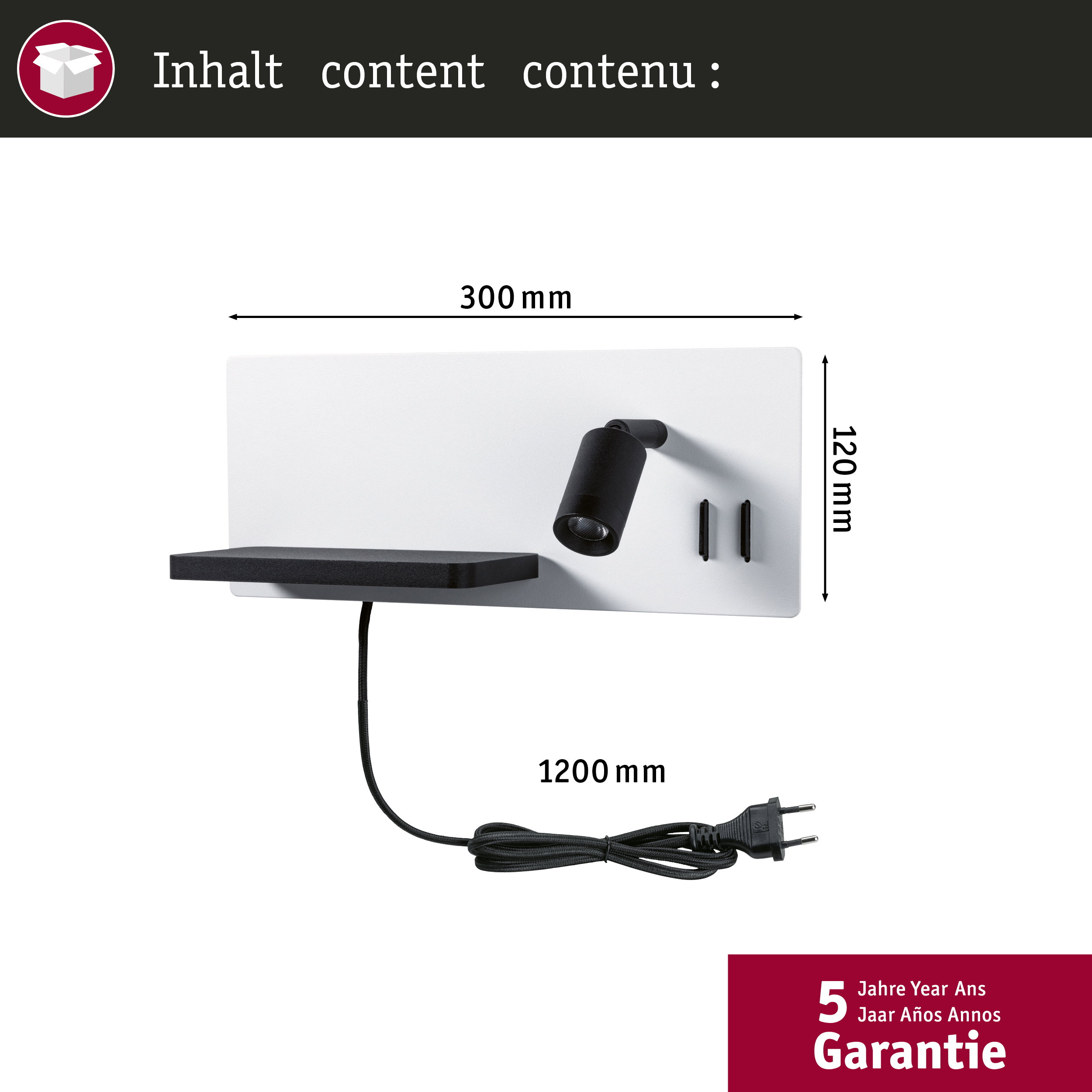 Biała półka ścienna z czarnym reflektorem, kablem i wtyczką.