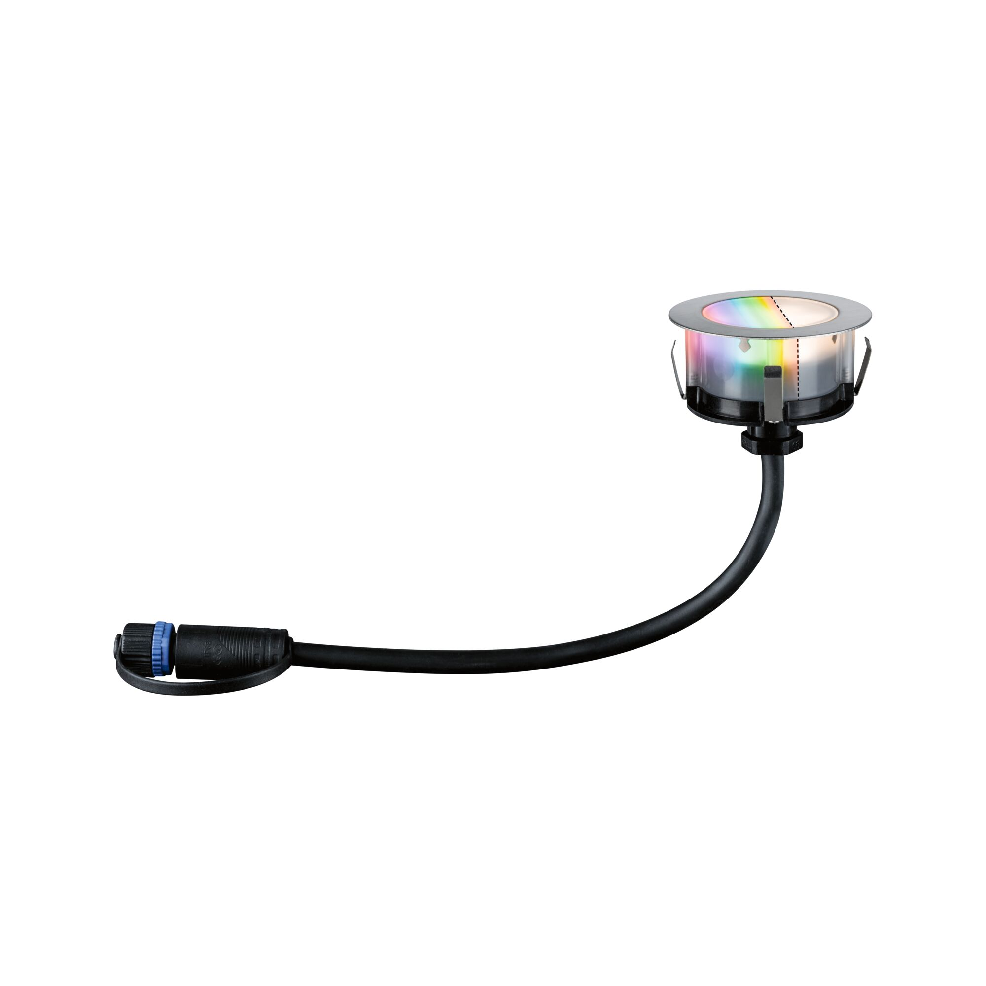 Ein runder LED-Scheinwerfer mit farbigem Licht, Kabel und Stecker.