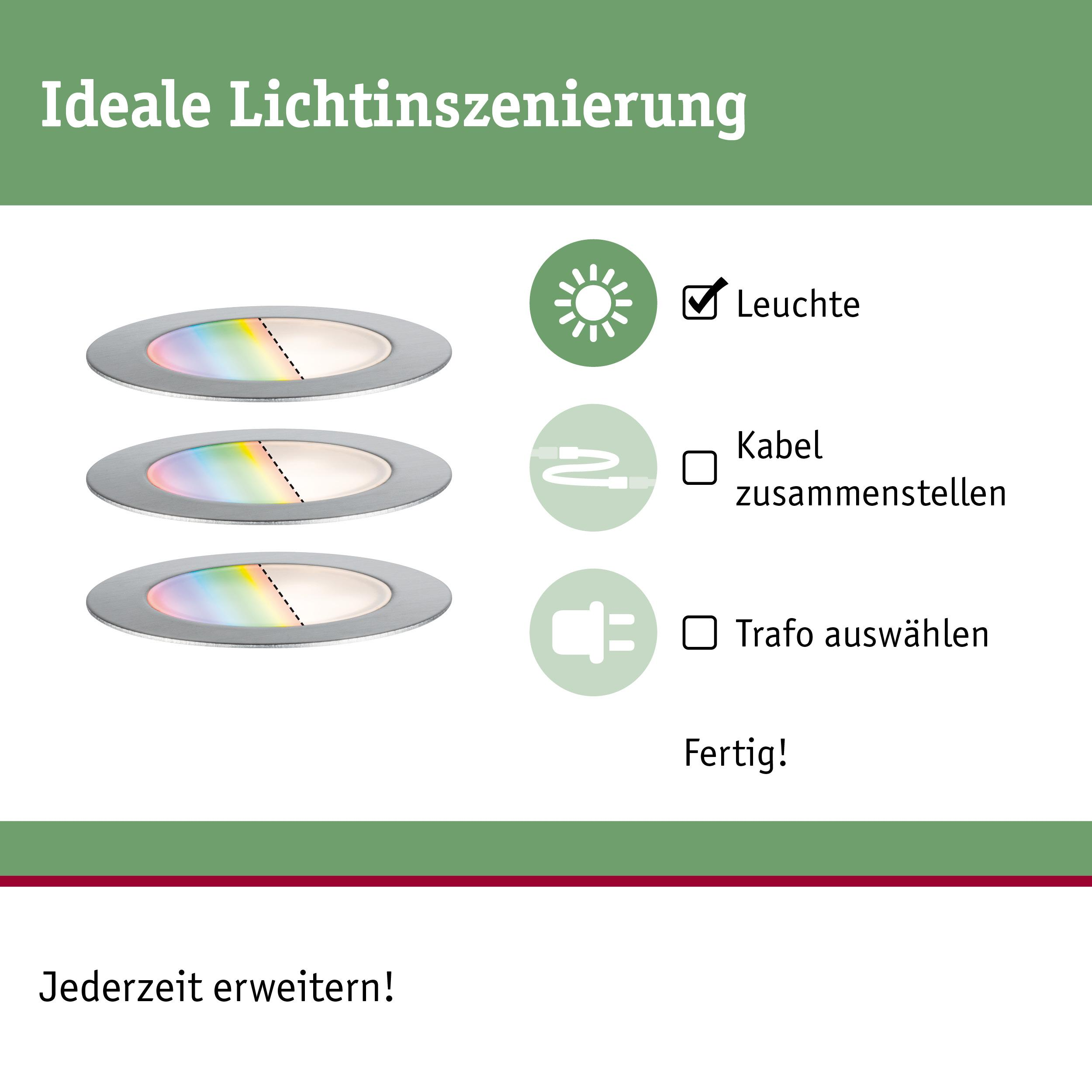 Drei runde Leuchten mit Regenbogenlicht und weißem Licht, daneben Symbole für Leuchte, Kabel, Trafo.