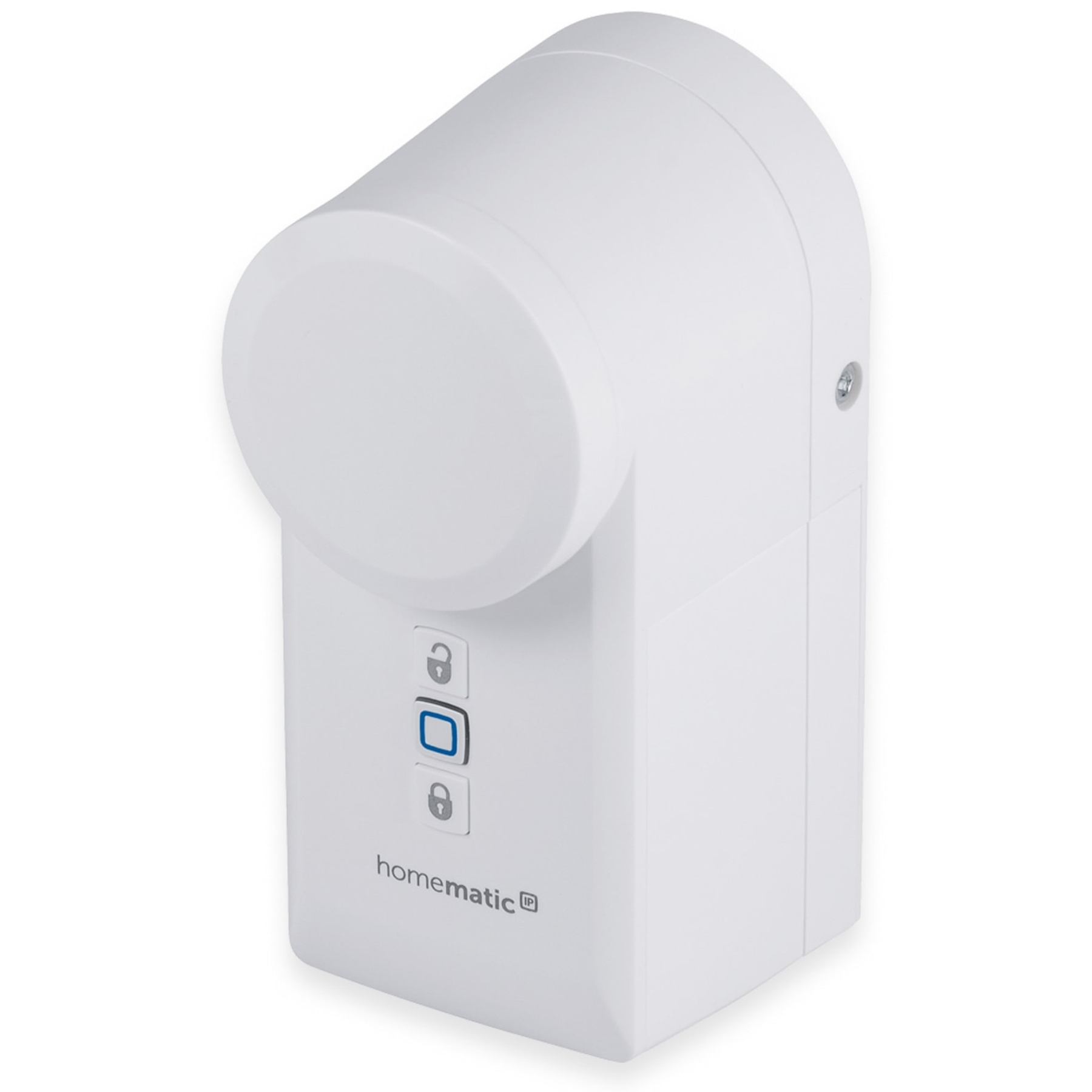 Ein weißes Homematic IP Gerät mit drei Tasten und einem Schloss-Symbol.