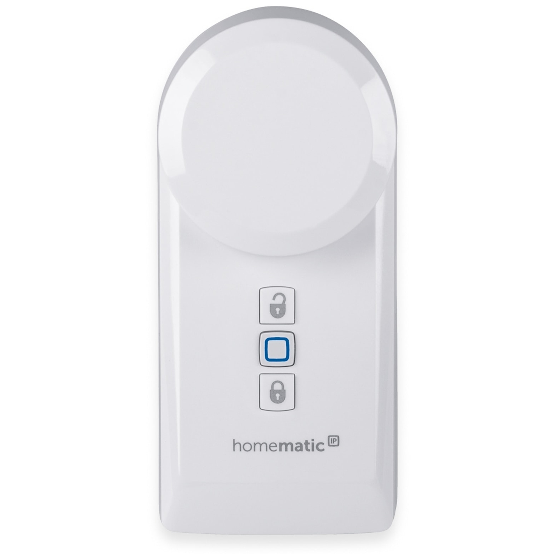 Ein weißes Homematic IP Gerät mit drei Tasten, zwei mit einem Schloss-Symbol.