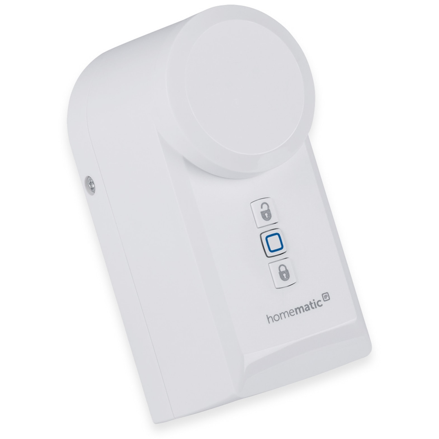 Ein weißes Homematic IP Gerät mit drei Tasten, zwei mit Schloss-Symbol.