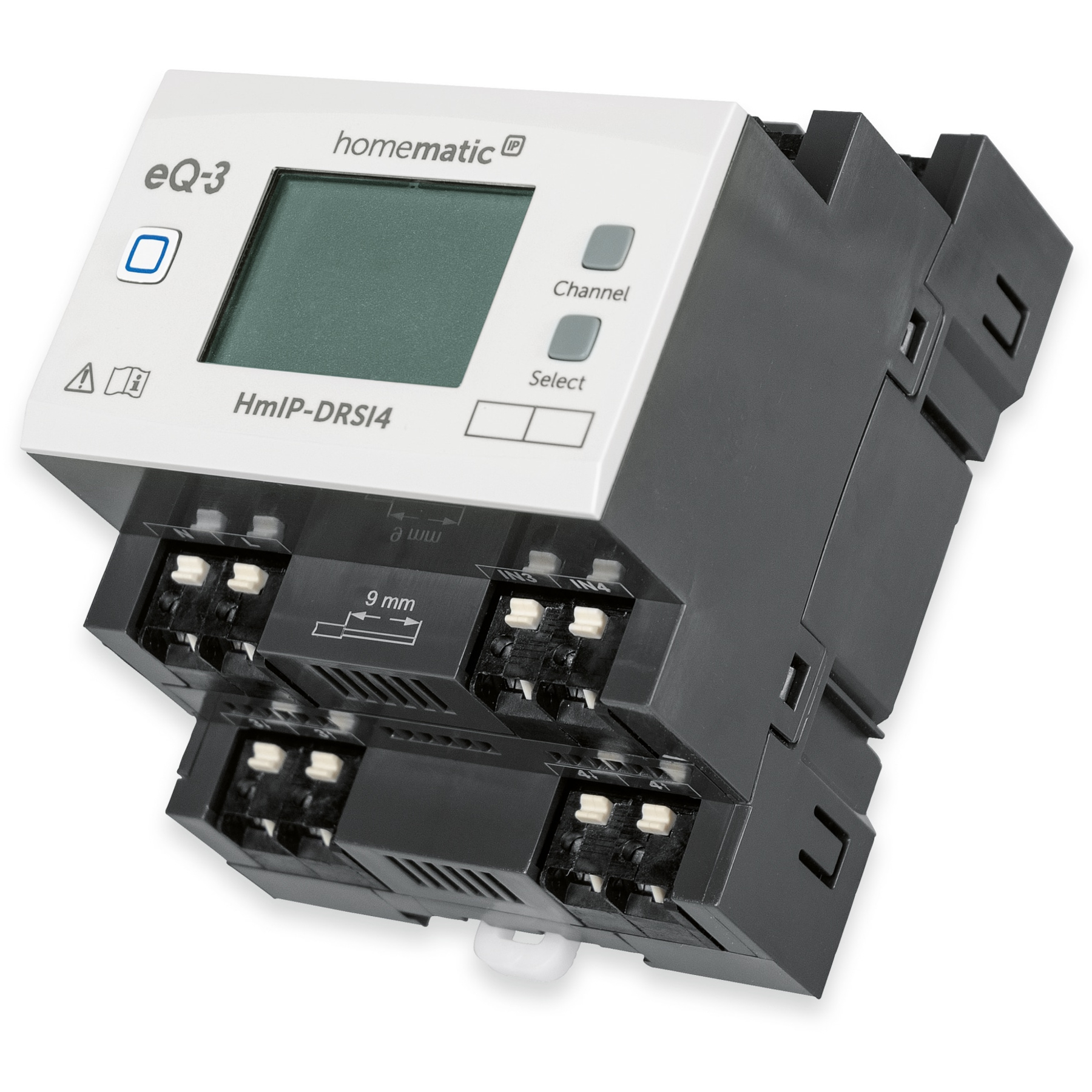 Ein Homematic eQ-3 HmIP-DRSI4 Gerät mit Display und Tasten, seitlich mit Anschlüssen.