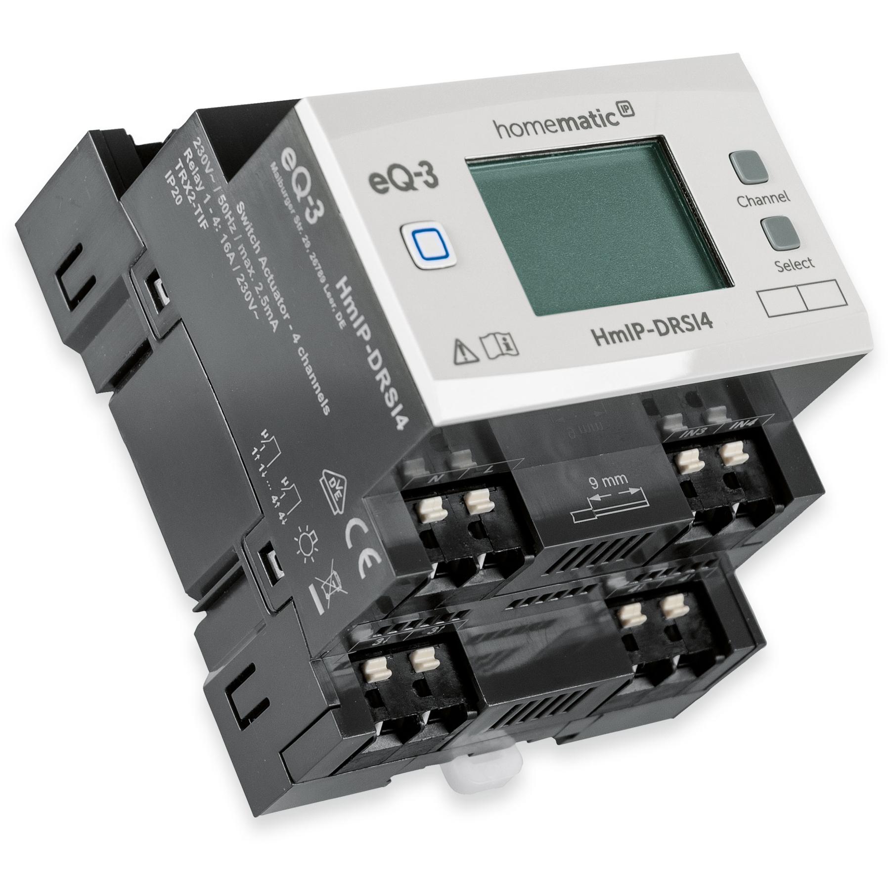 Ein Homematic eQ-3 HmIP-DRSI4 Schaltaktor mit 4 Kanälen und Display.
