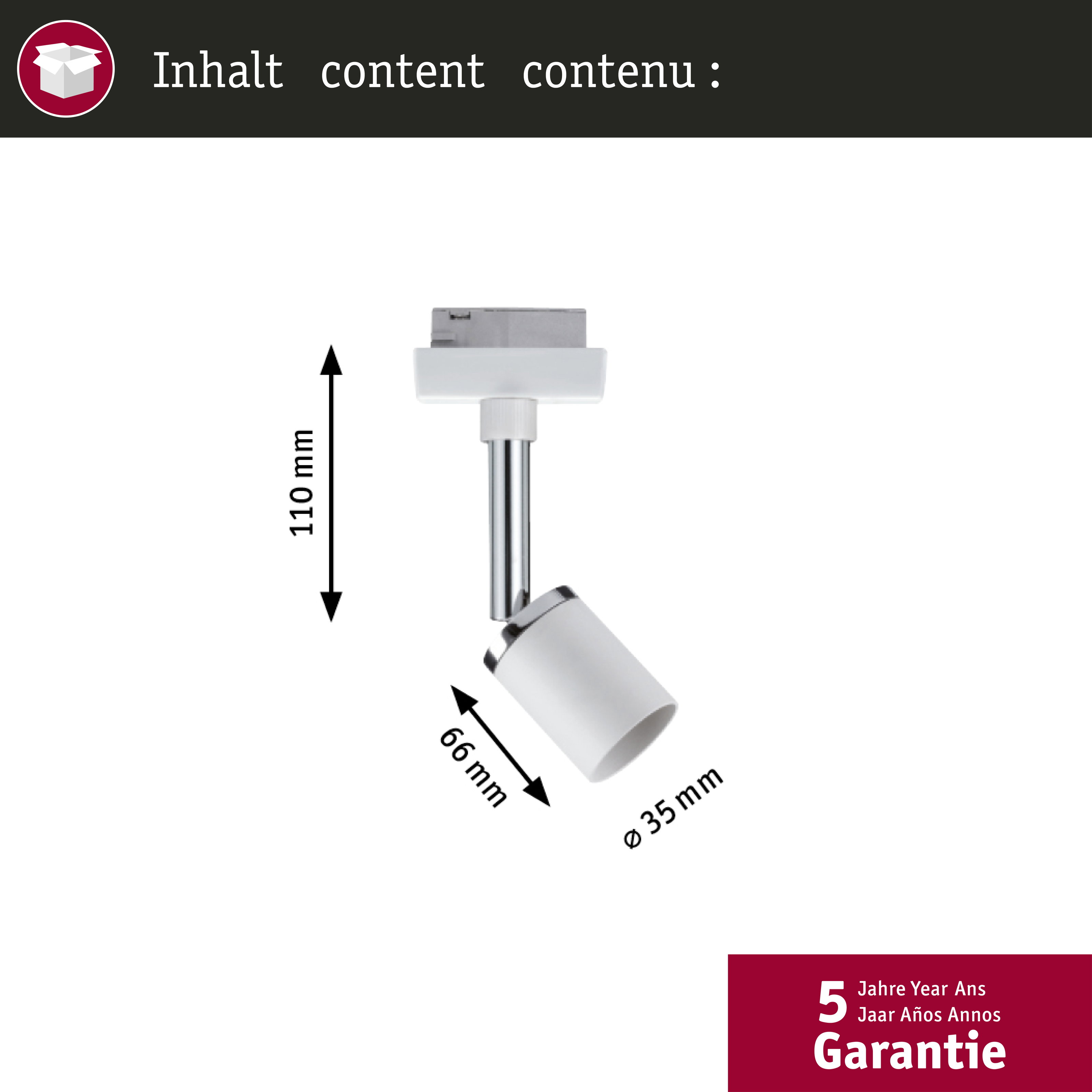Faretti da soffitto bianchi con dimensioni. Altezza 110mm, larghezza 66mm, diametro 35mm.