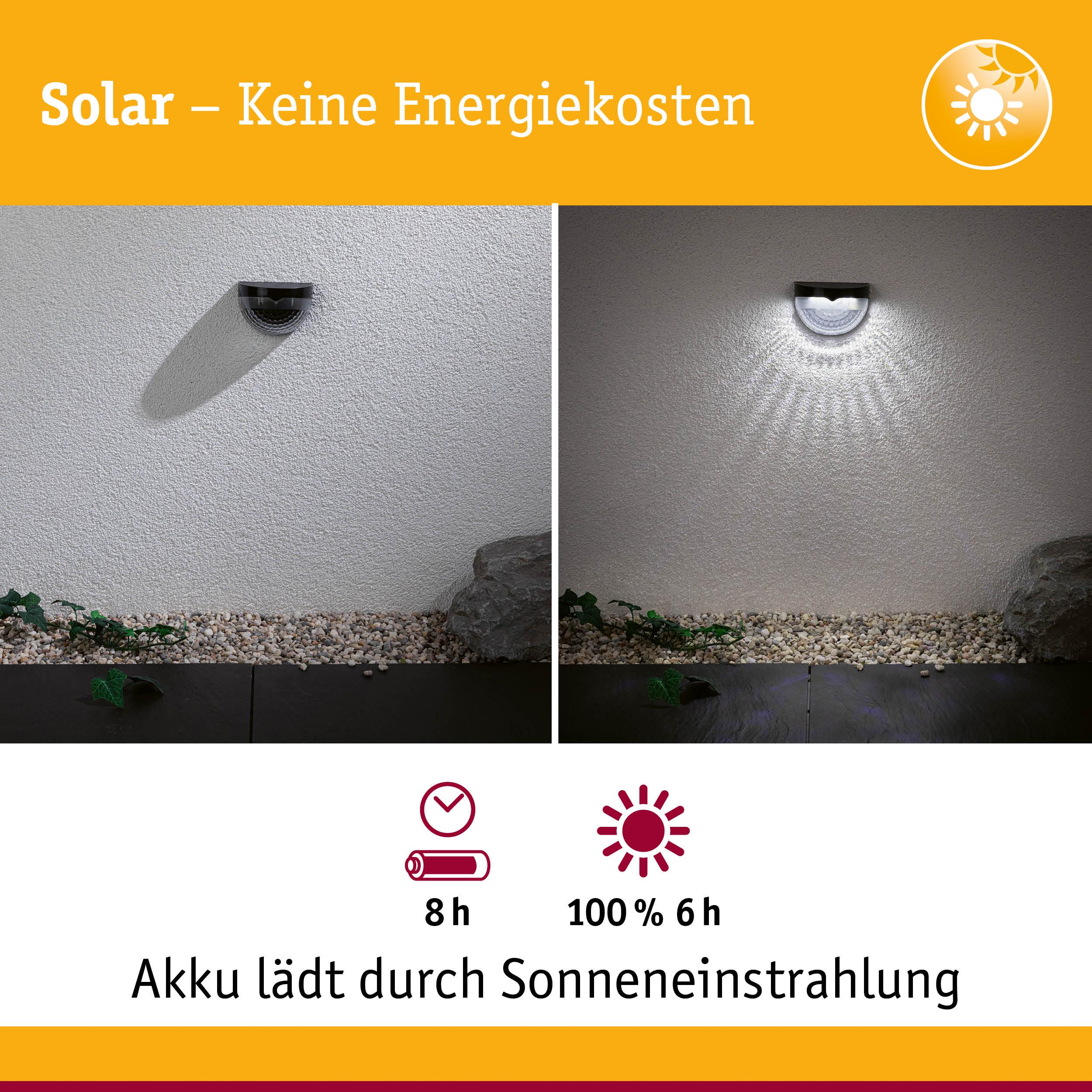 Solarleuchte an Wand, einmal aus, einmal an. Akku lädt durch Sonne.