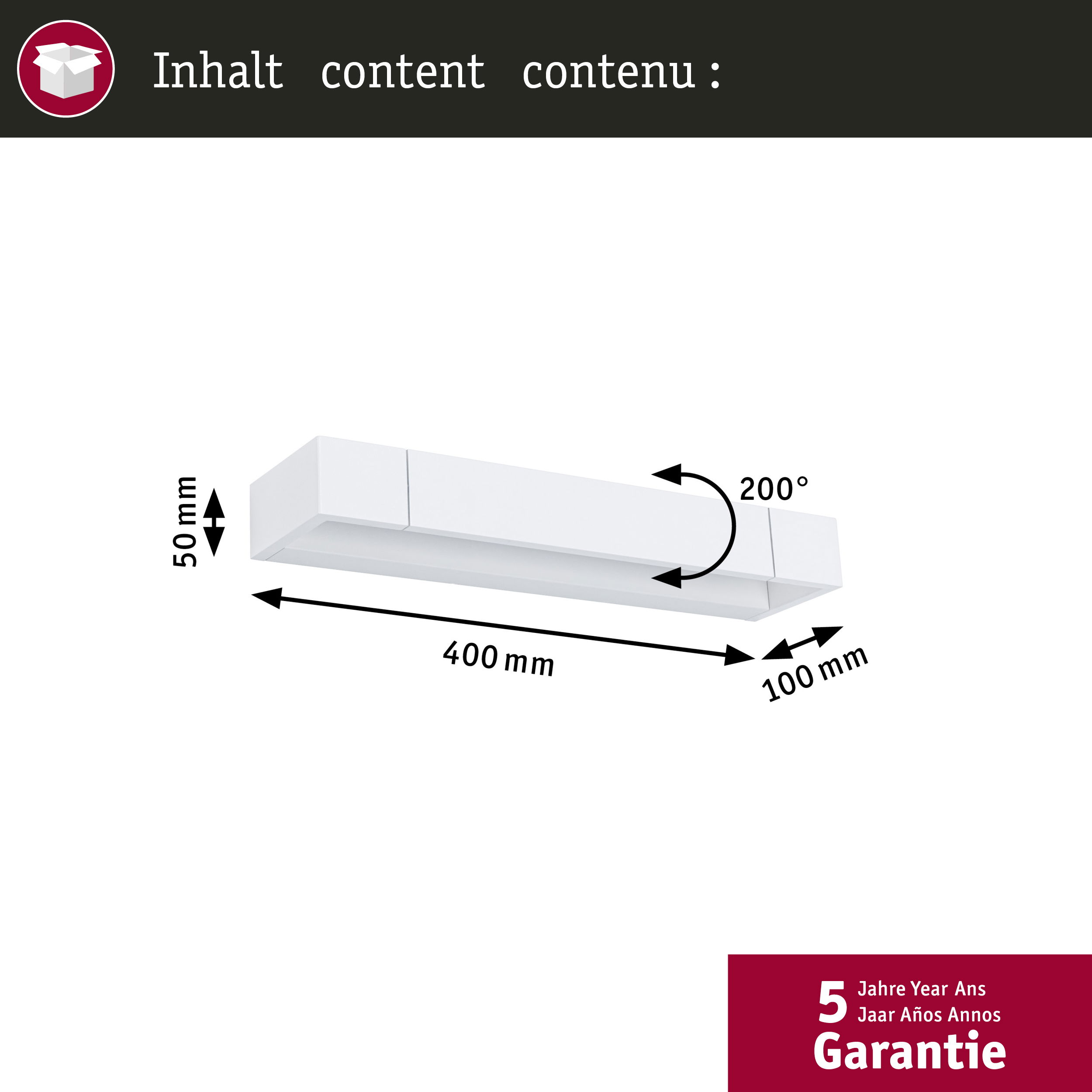 Biały prostokątny przedmiot o wymiarach 400x100x50 mm i kącie 200°.