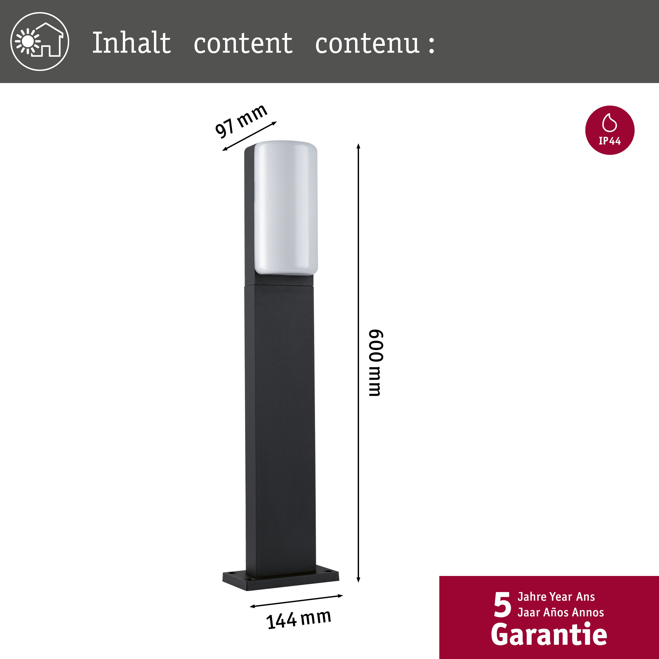 Ciemna latarnia słupkowa z białym cylindrycznym kloszem, wysoka na 600 mm.