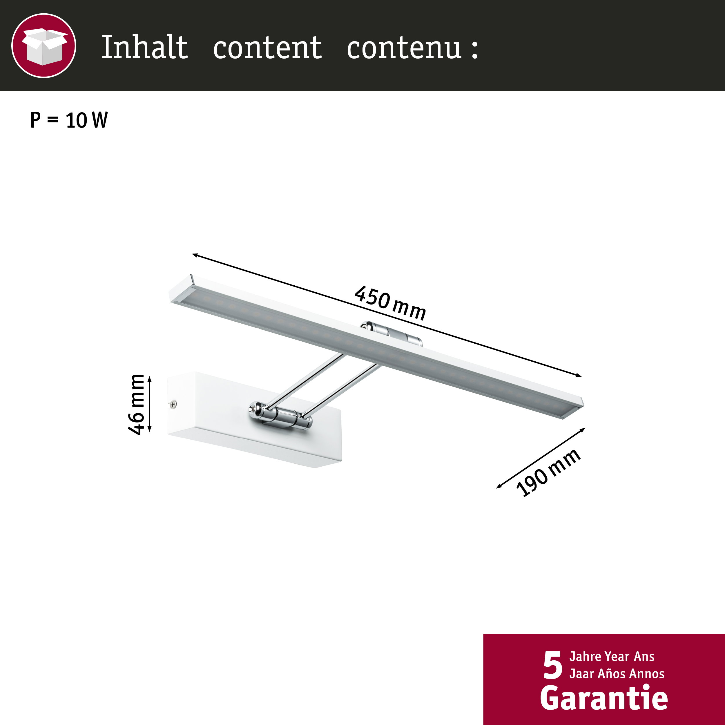 Biała listwa LED ze srebrnymi złączami, wymiary 450x46x190mm.