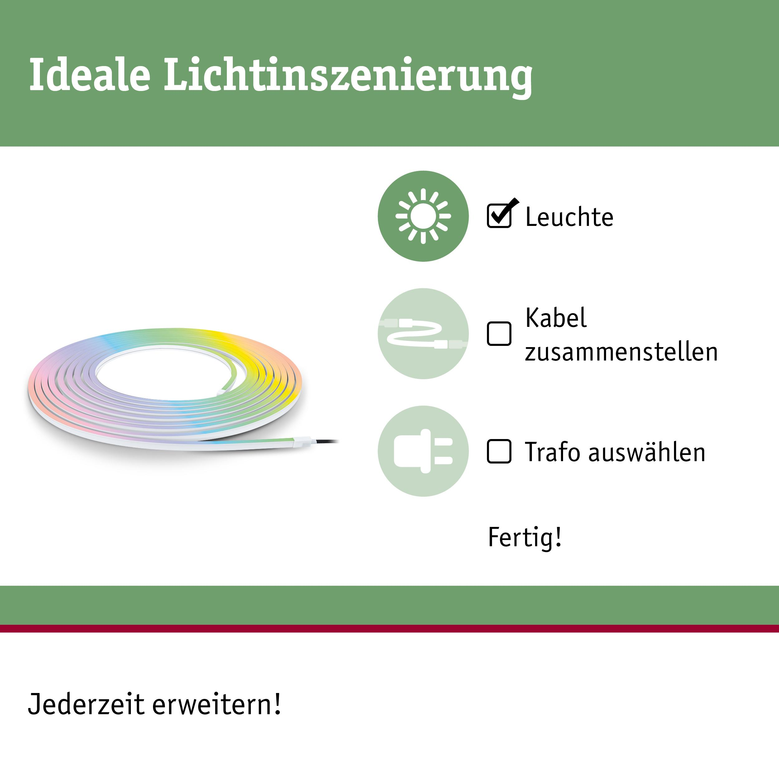 Ein bunter LED-Streifen und Symbole für Licht, Kabel und Trafo.