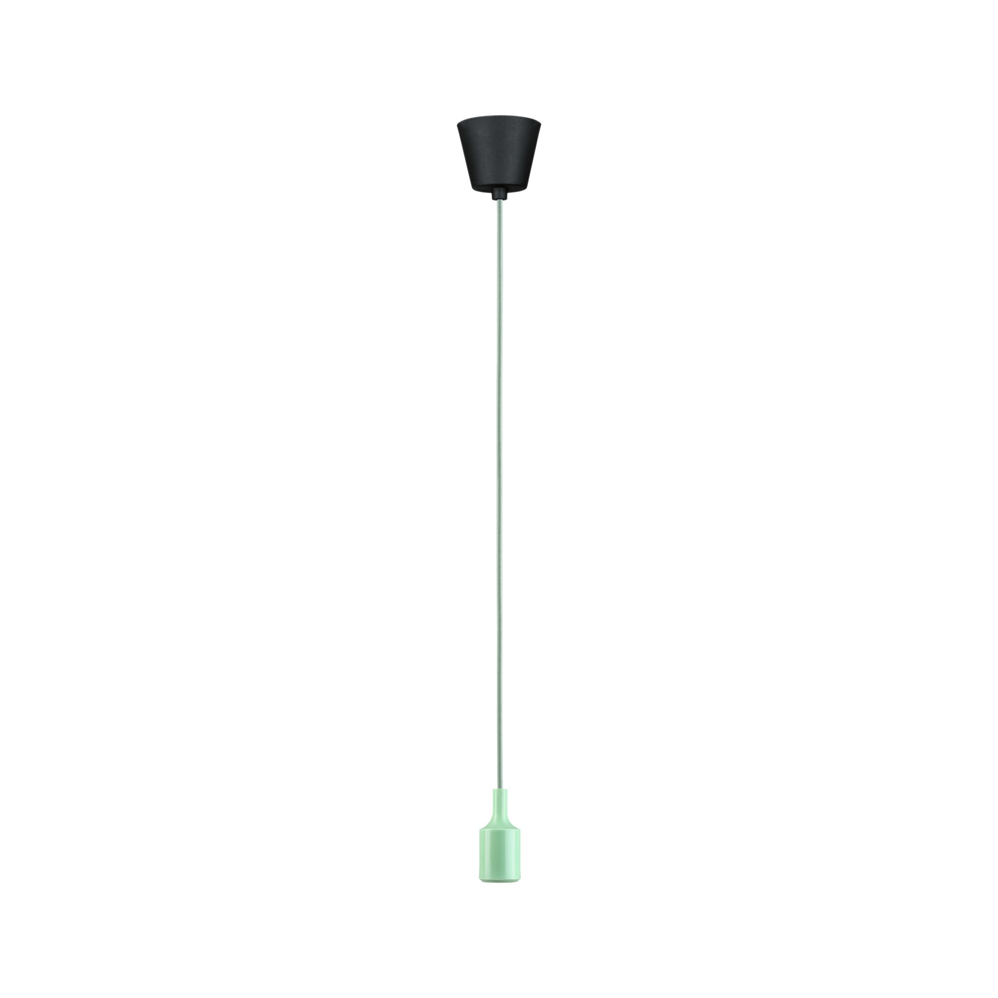 Schwarzer Lampenaufhänger mit mintgrünem Kabel und Fassung.