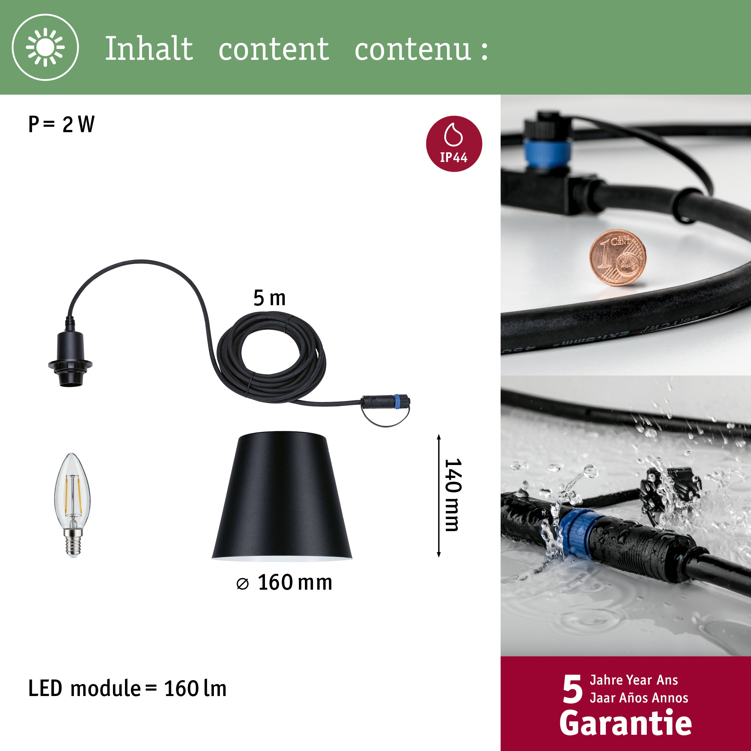 Moduł LED 2W z kablem 5m, czarnym kloszem, szerokością 160mm i stopniem ochrony IP44.