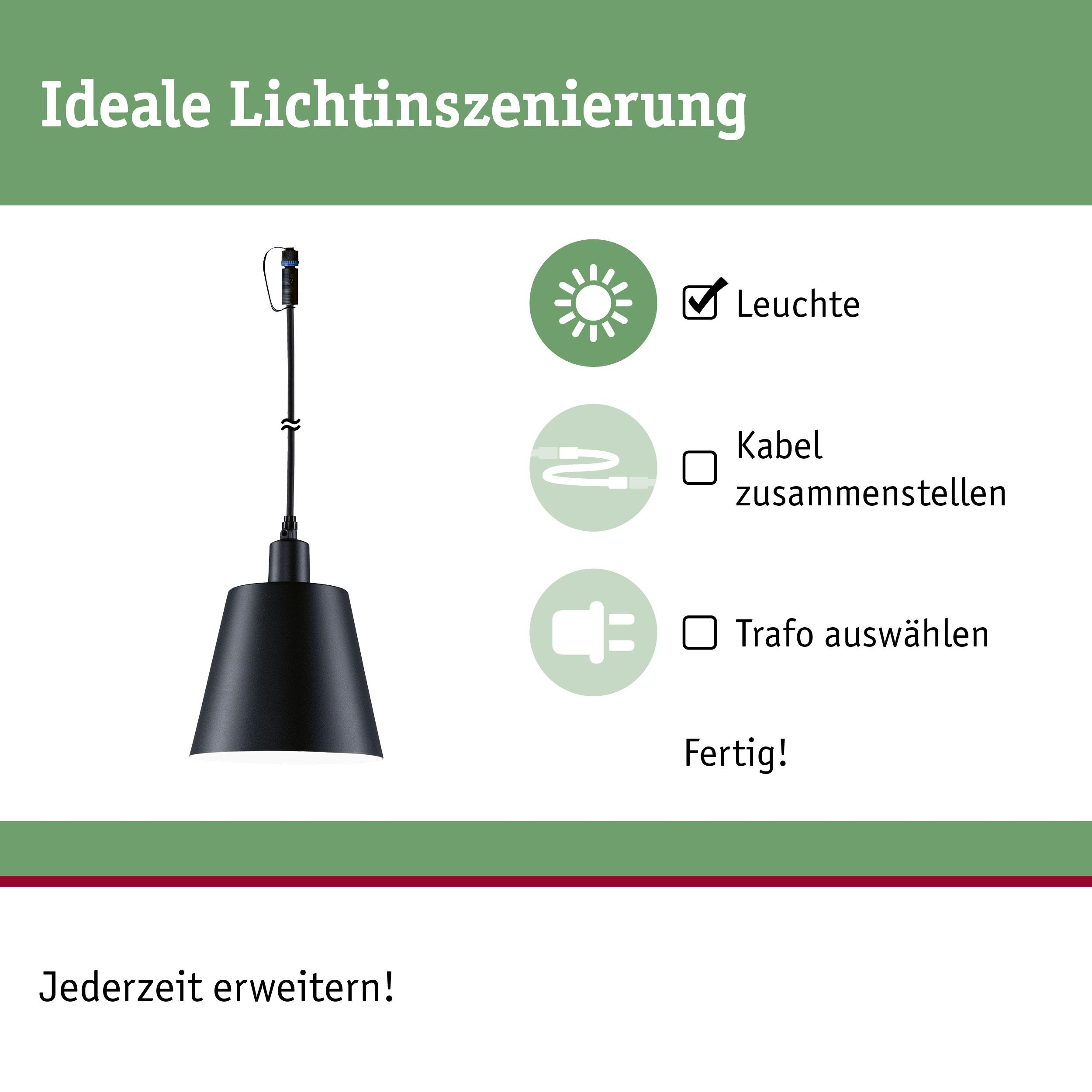 Czarna lampa wisząca z ikonami instrukcji: lampa, kabel, transformator.