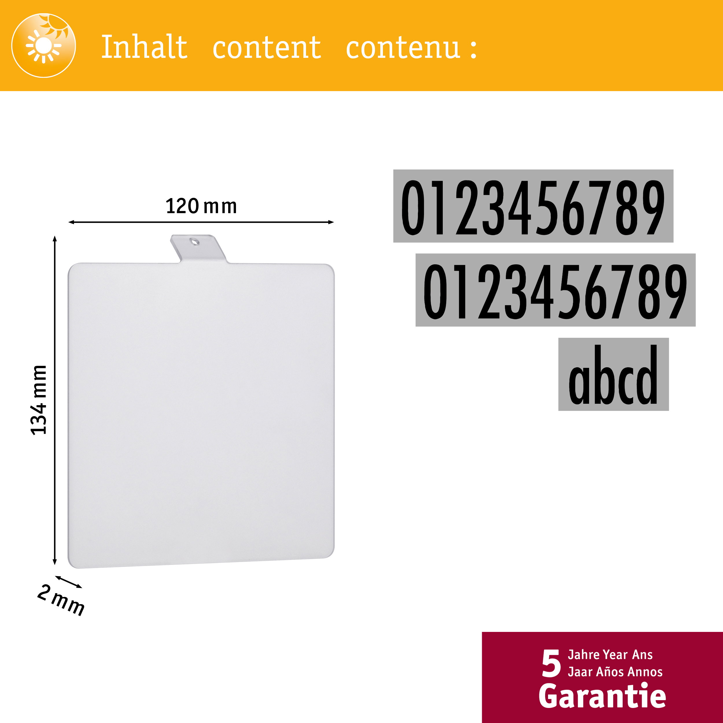 Tabliczka 120x134 mm, grubość 2 mm, z cyframi i literami.