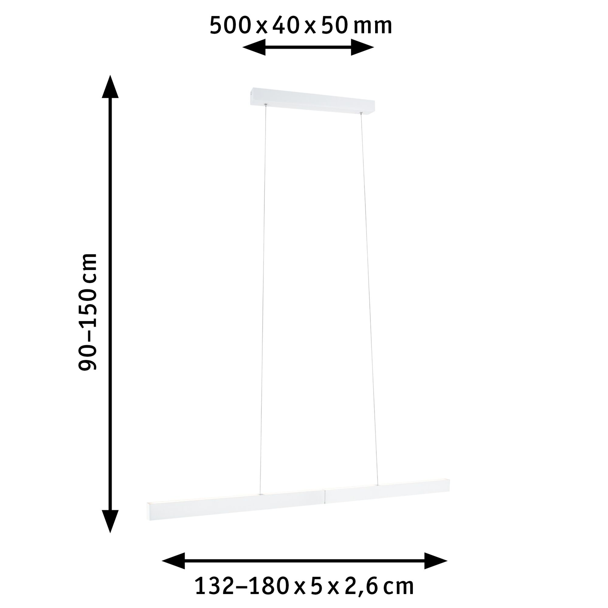 Biała lampa wisząca o wymiarach 500x40x50mm i wysokości 90-150cm.
