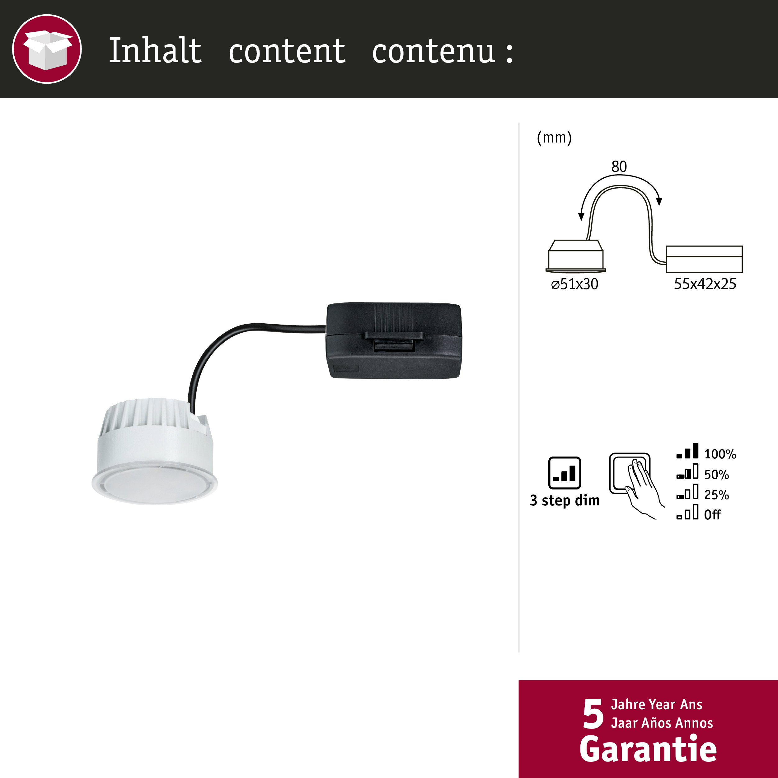 Faretti LED bianchi con connettore nero, dimensioni e livelli di dimmerazione.
