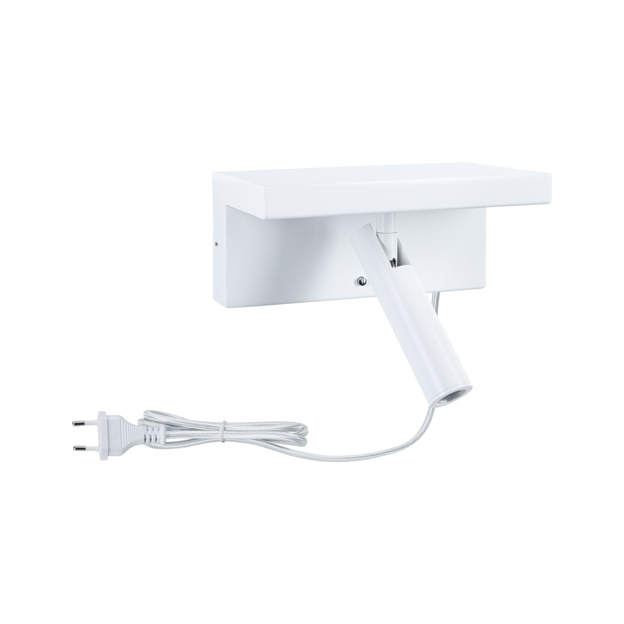 Weiße Wandleuchte mit verstellbarem Arm und einem weißen Stromkabel mit Stecker.