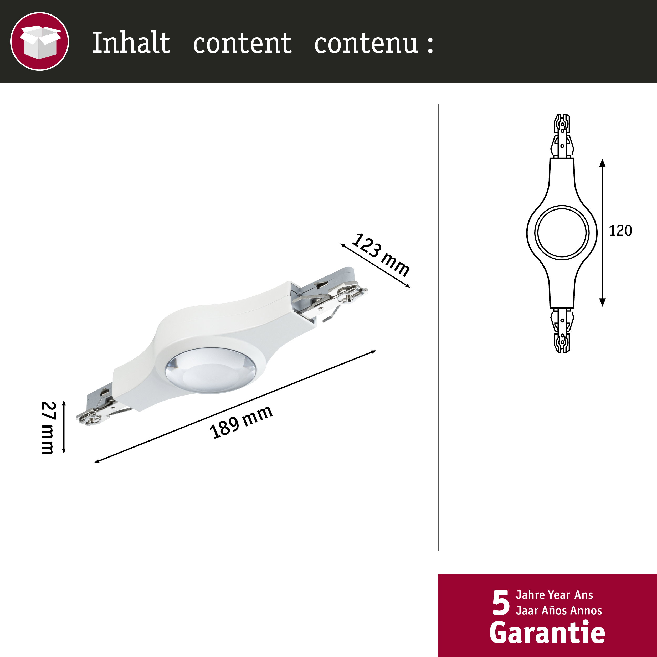 Technische Zeichnung eines weißen Geräts mit Maßen 189x27 mm und 123x120 mm.