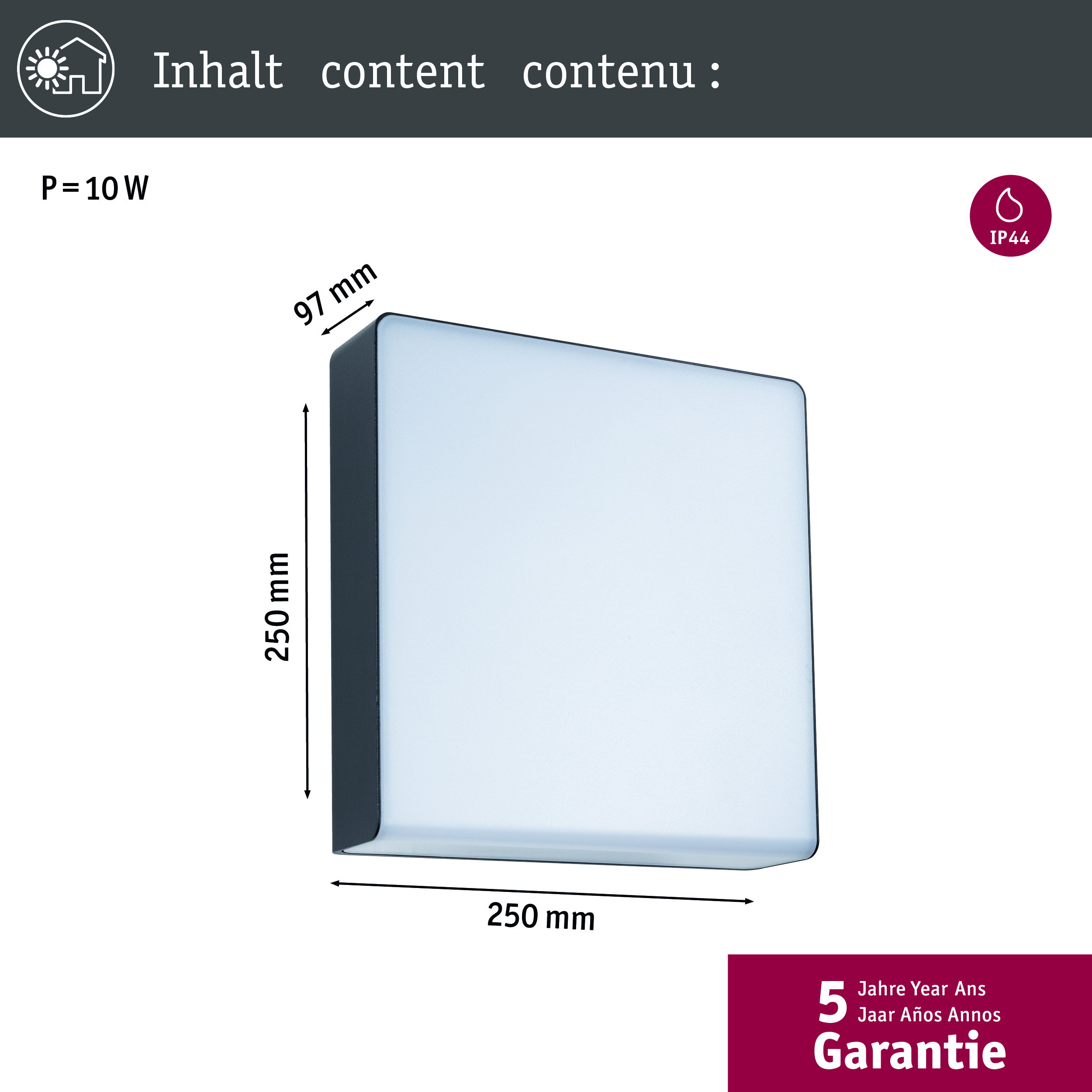 Kinkiet 10W, IP44, wymiary 250x250x97mm.