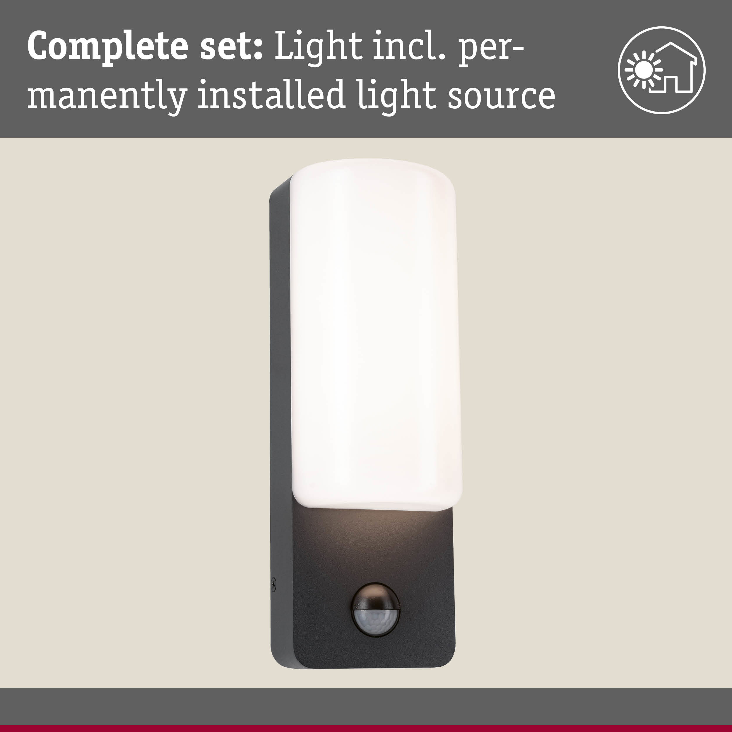 Czarna lampa ścienna z czujnikiem ruchu i białym dyfuzorem. Tekst: Kompletny zestaw: Lampka z na stałe zamontowanym źródłem światła.