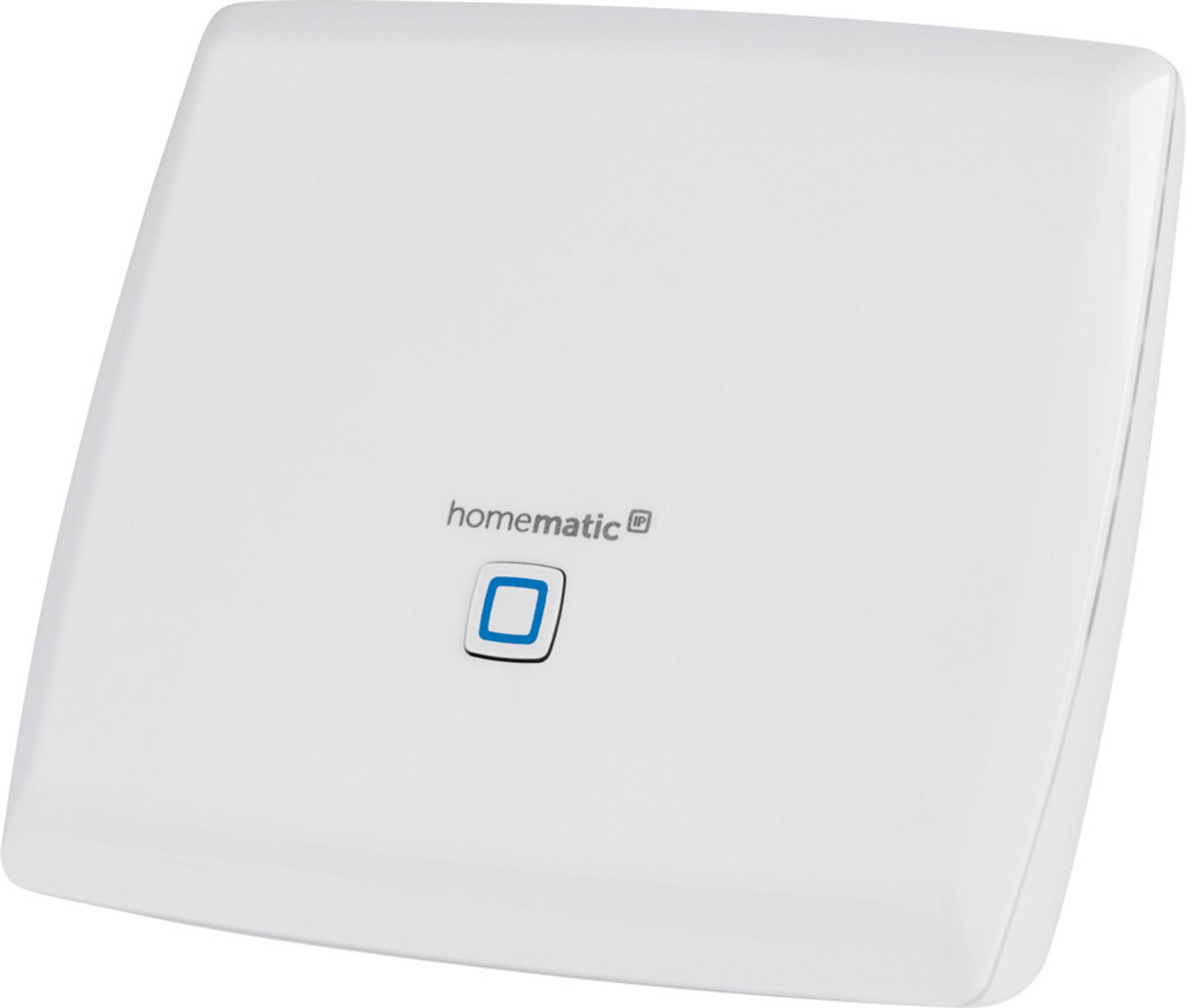 Un dispositivo blanco Homematic IP con un símbolo de cuadrado azul.