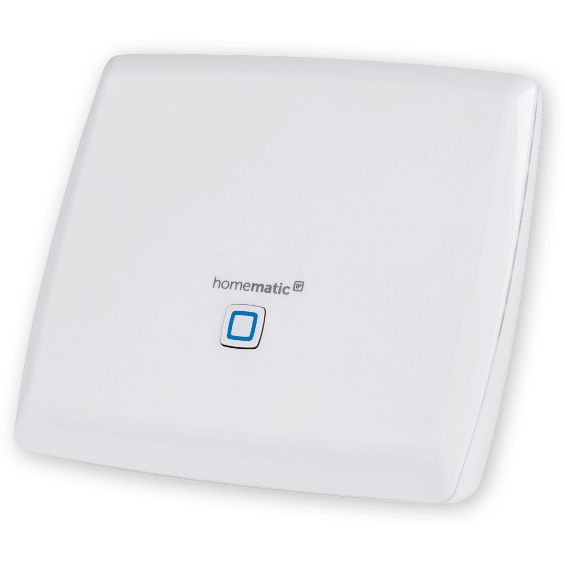 Un dispositivo blanco Homematic IP con un símbolo de cuadrado azul.