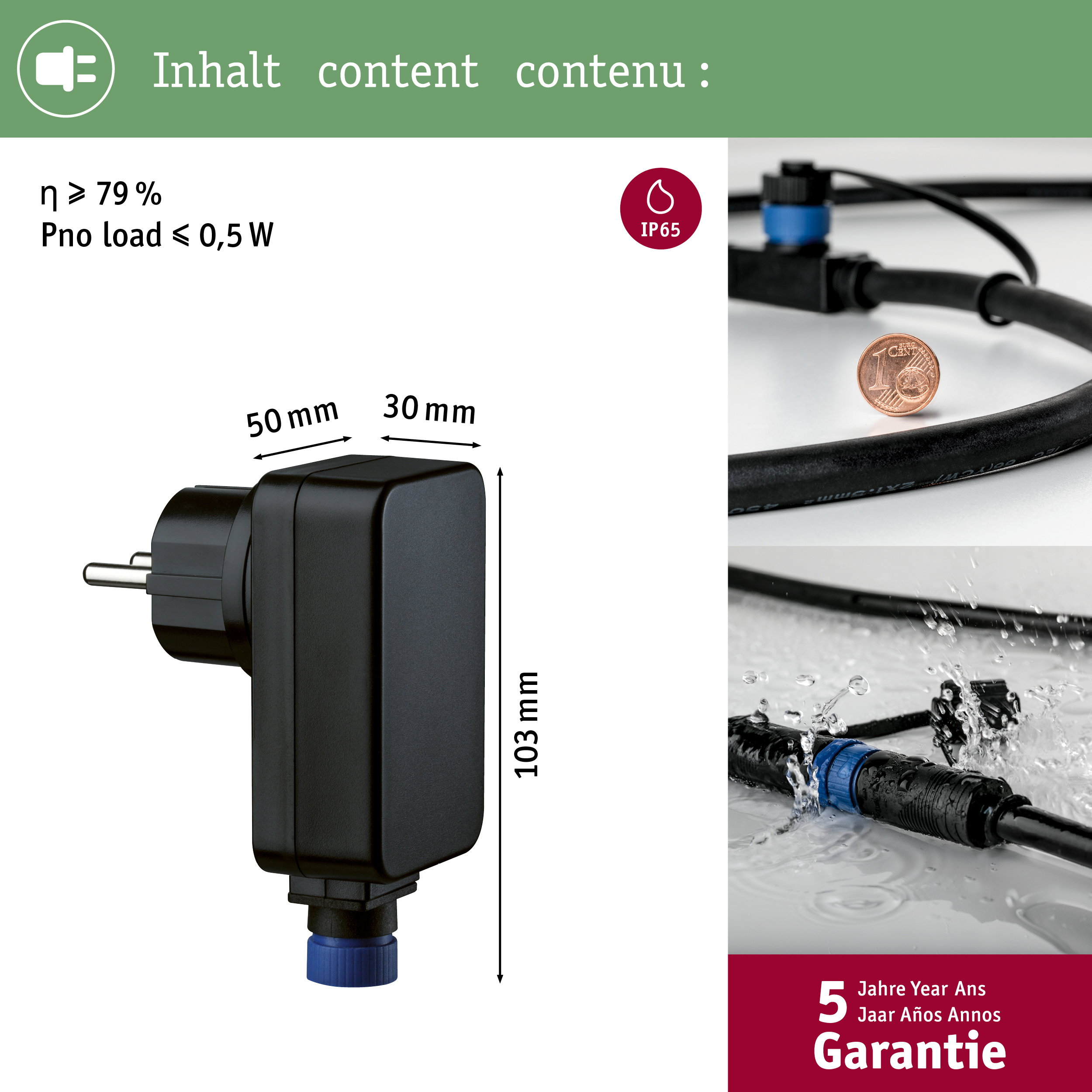 Schwarzer Netzstecker mit Maßen, ein 1-Cent-Stück und ein Kabel mit Wasser.