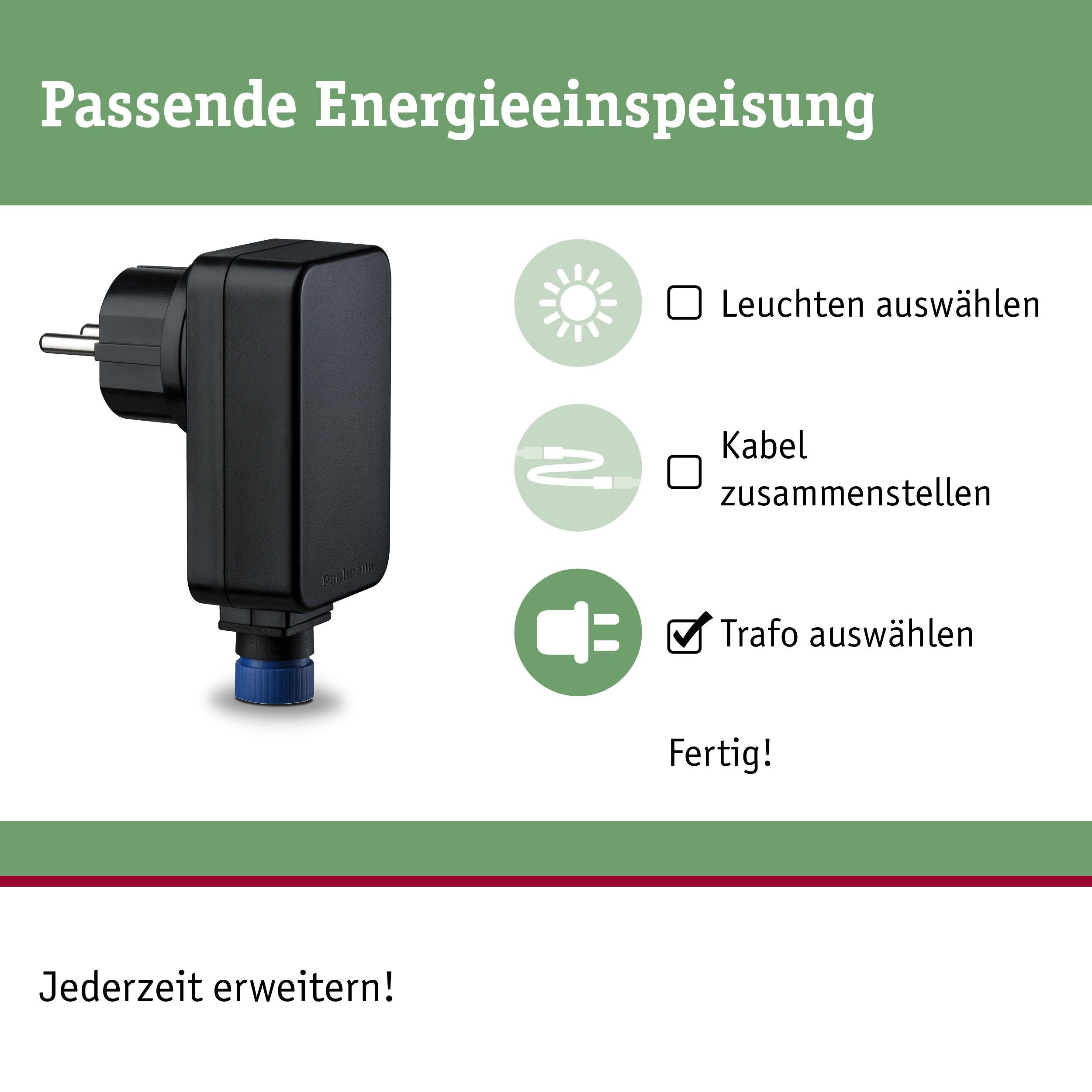 Schwarzer Netzstecker mit blauem Anschluss, Auswahloptionen daneben.