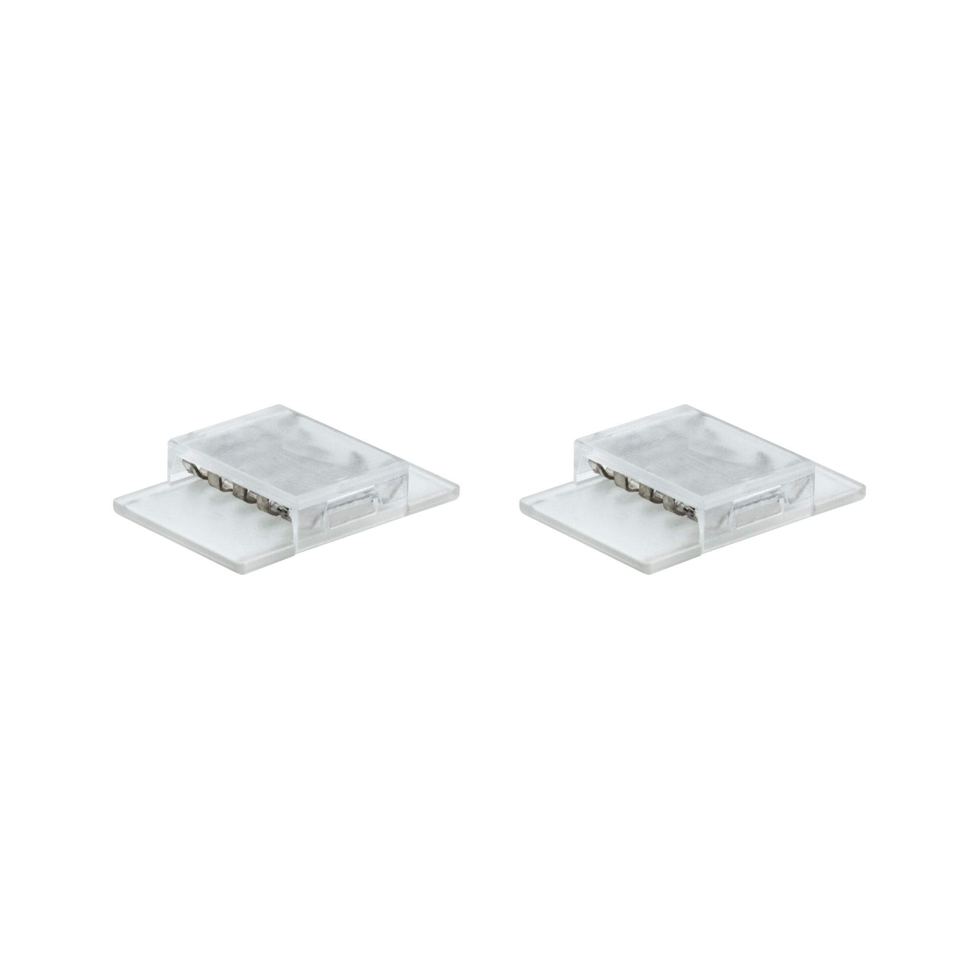 Zwei transparente LED-Streifenverbinder mit Metallkontakten auf weißem Hintergrund.
