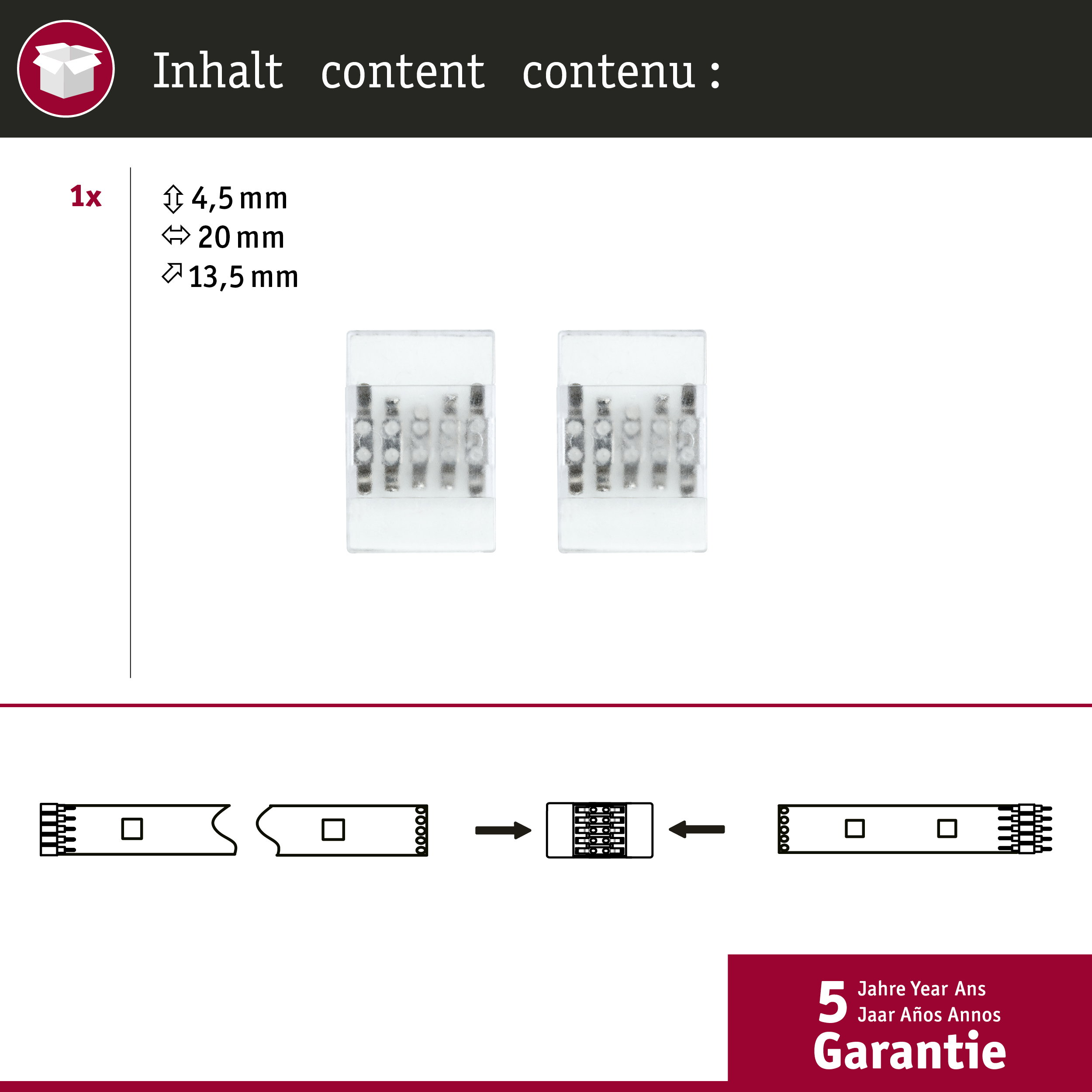 Zwei transparente Verbinder mit silbernen Kontakten für LED-Streifen.