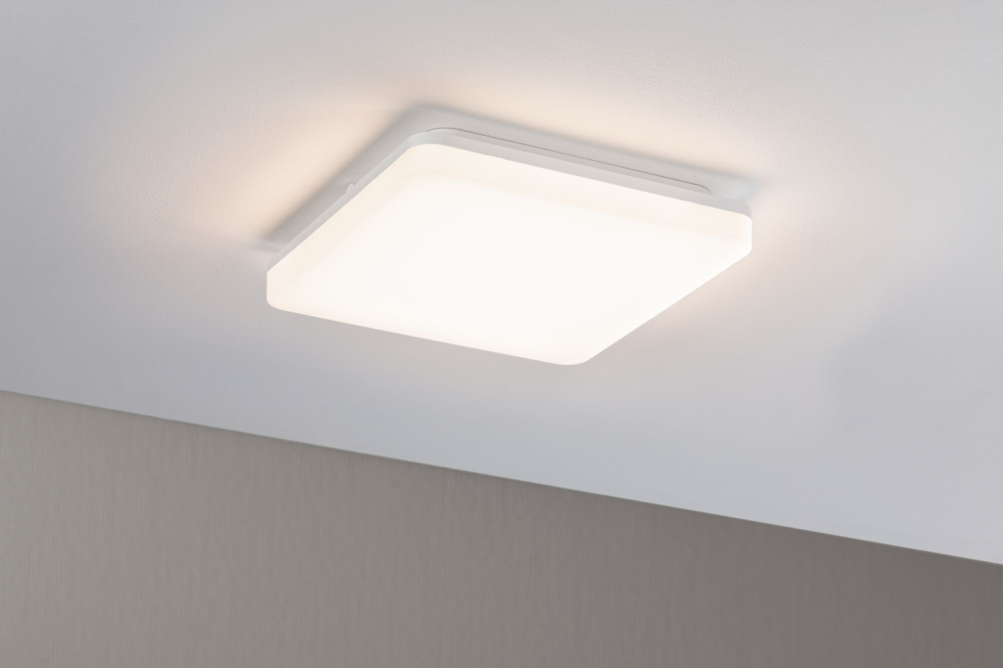 Eine weiße, quadratische Deckenleuchte mit diffusem Licht auf einer weißen Decke.