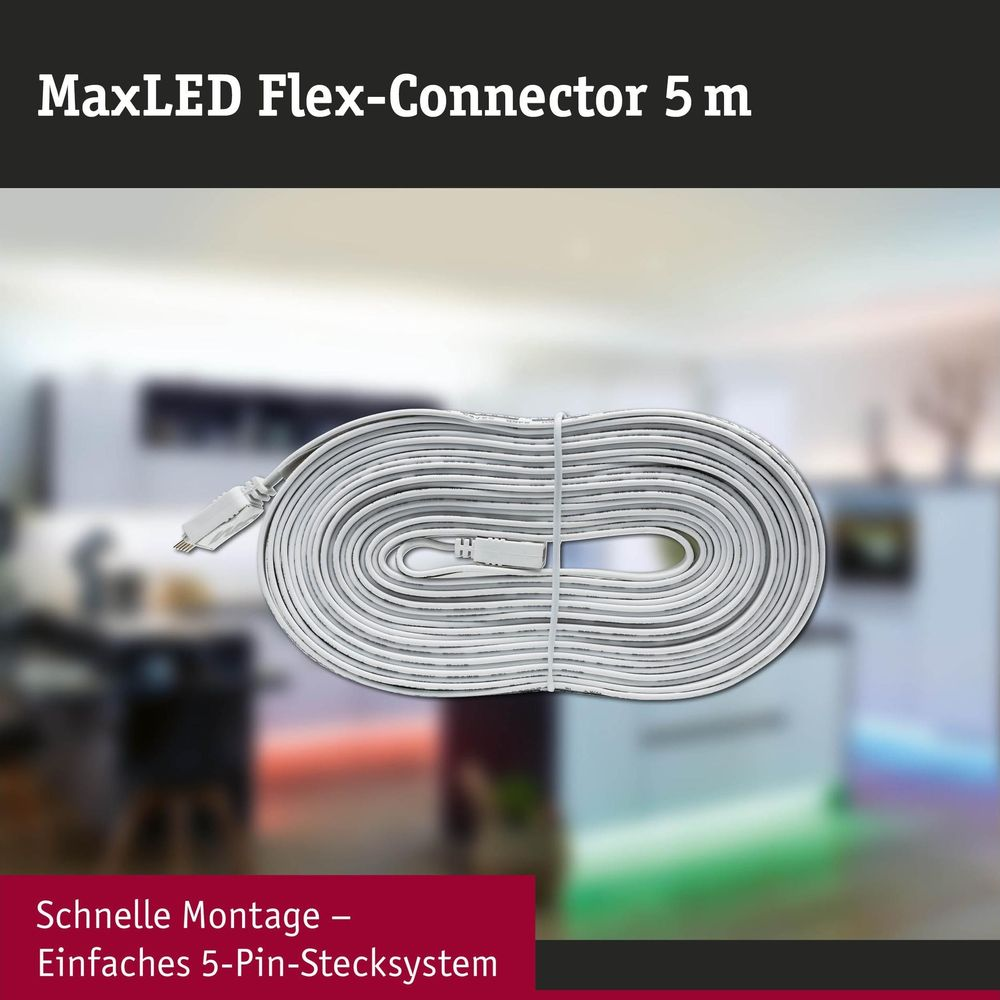 Nawinięty biały kabel łączący MaxLED Flex-Connector z 5 pinami.