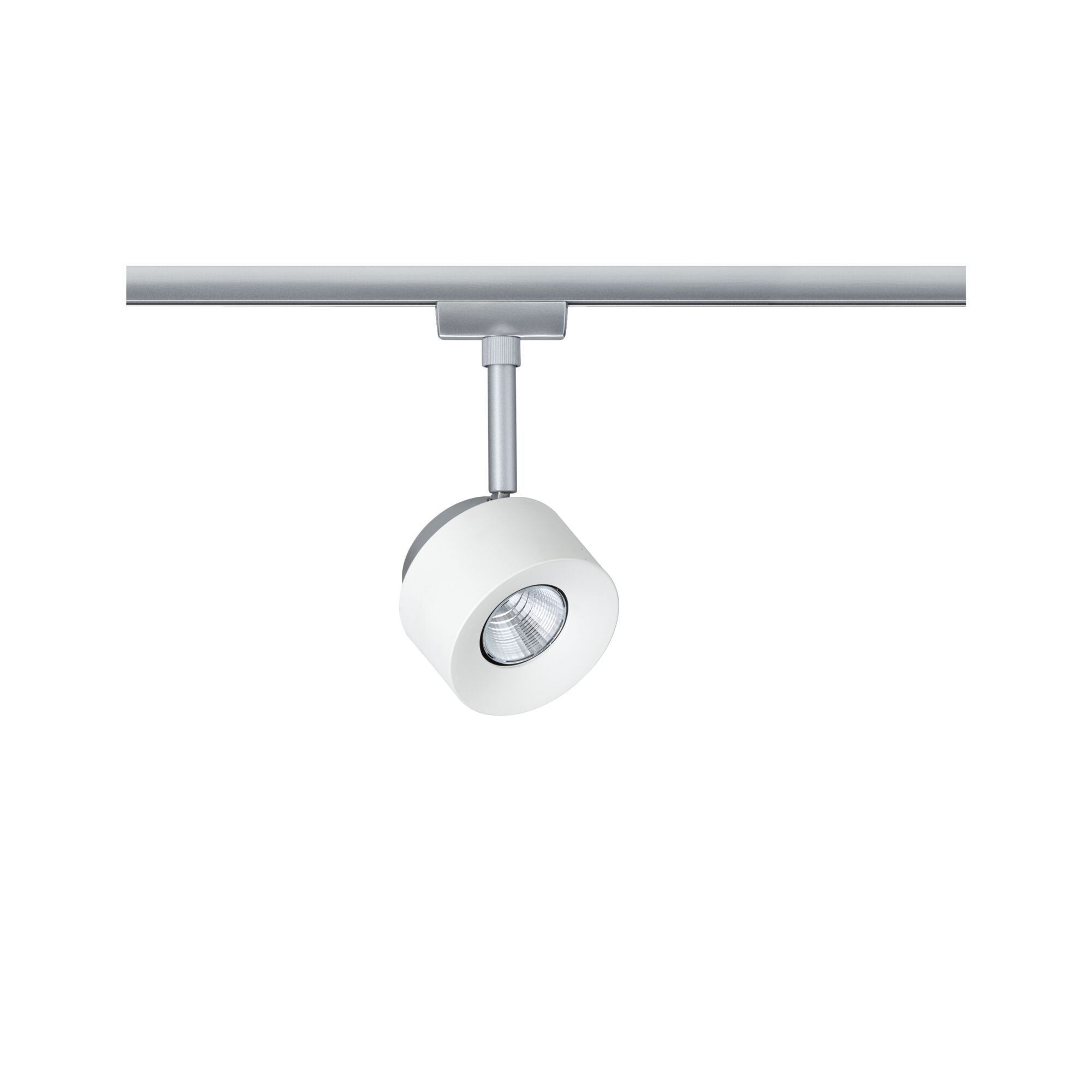 Ein weißer Schienenstrahler mit silbernem Arm und Schiene.