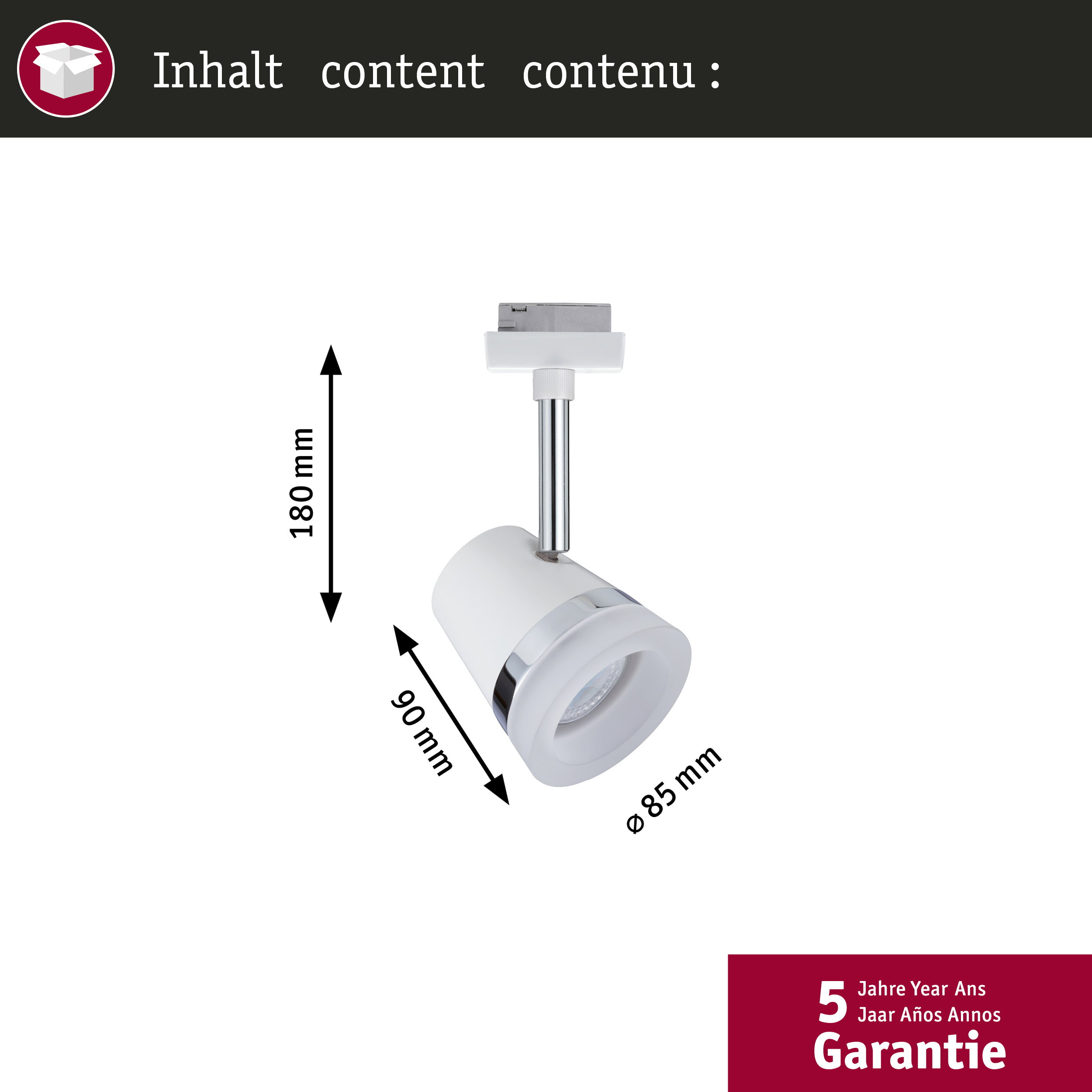 Białe światło o wymiarach 180x90x85mm i 5-letniej gwarancji.