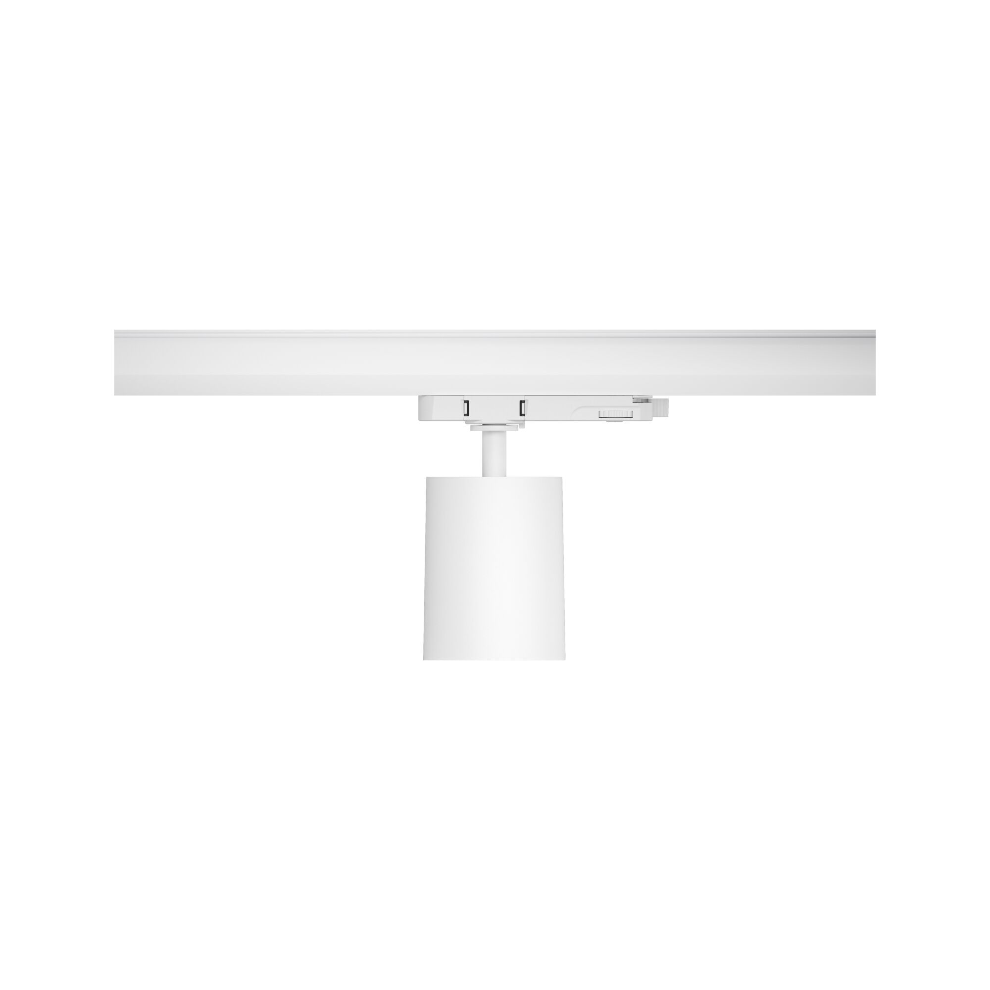 Biała cylindryczna lampa zamontowana na szynie.