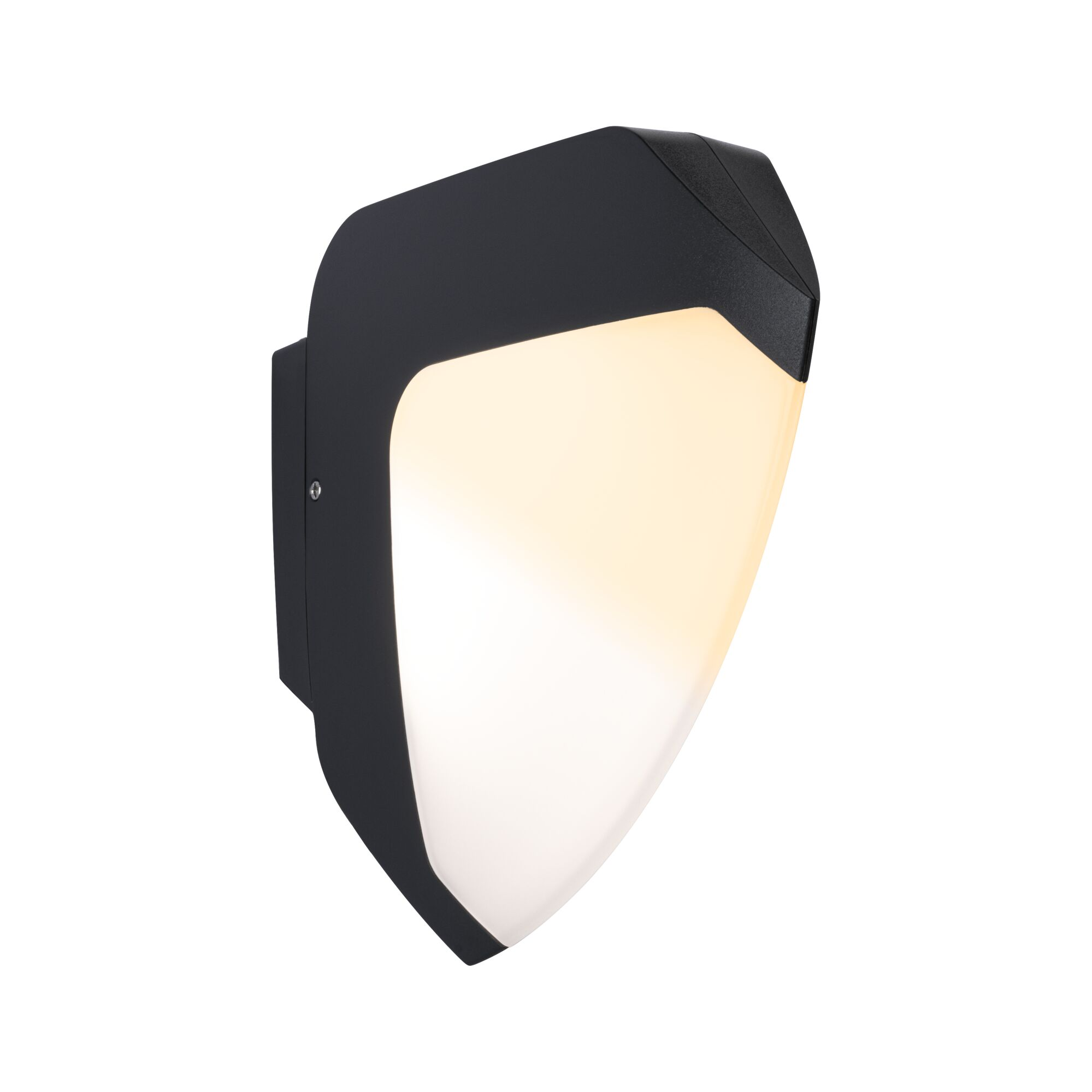 Moderne schwarze Außenwandleuchte mit Milchglasdiffusor, warmes Licht abgebend.