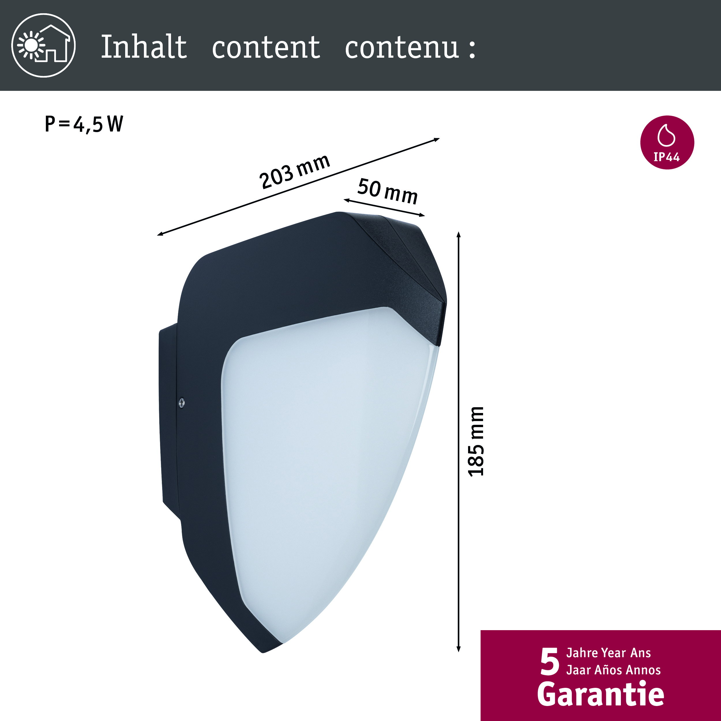Eine dunkle Wandleuchte mit Maßen 203x185x50mm, 4,5W, IP44, 5 Jahre Garantie.