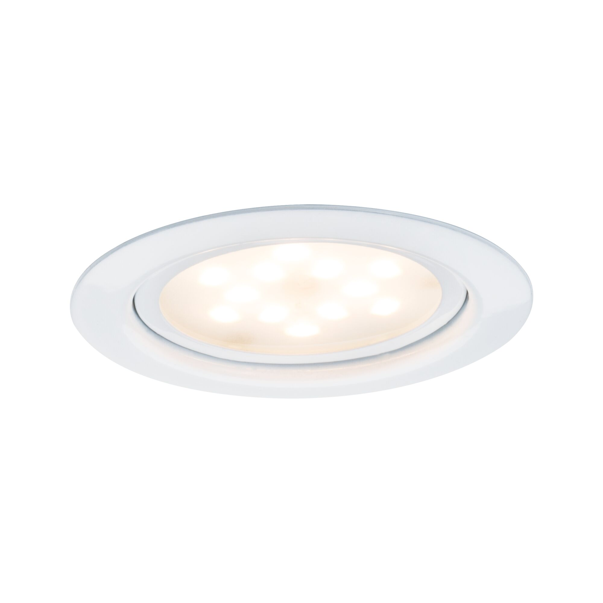 Ein runder, weißer Einbaustrahler mit zehn hellen LEDs.