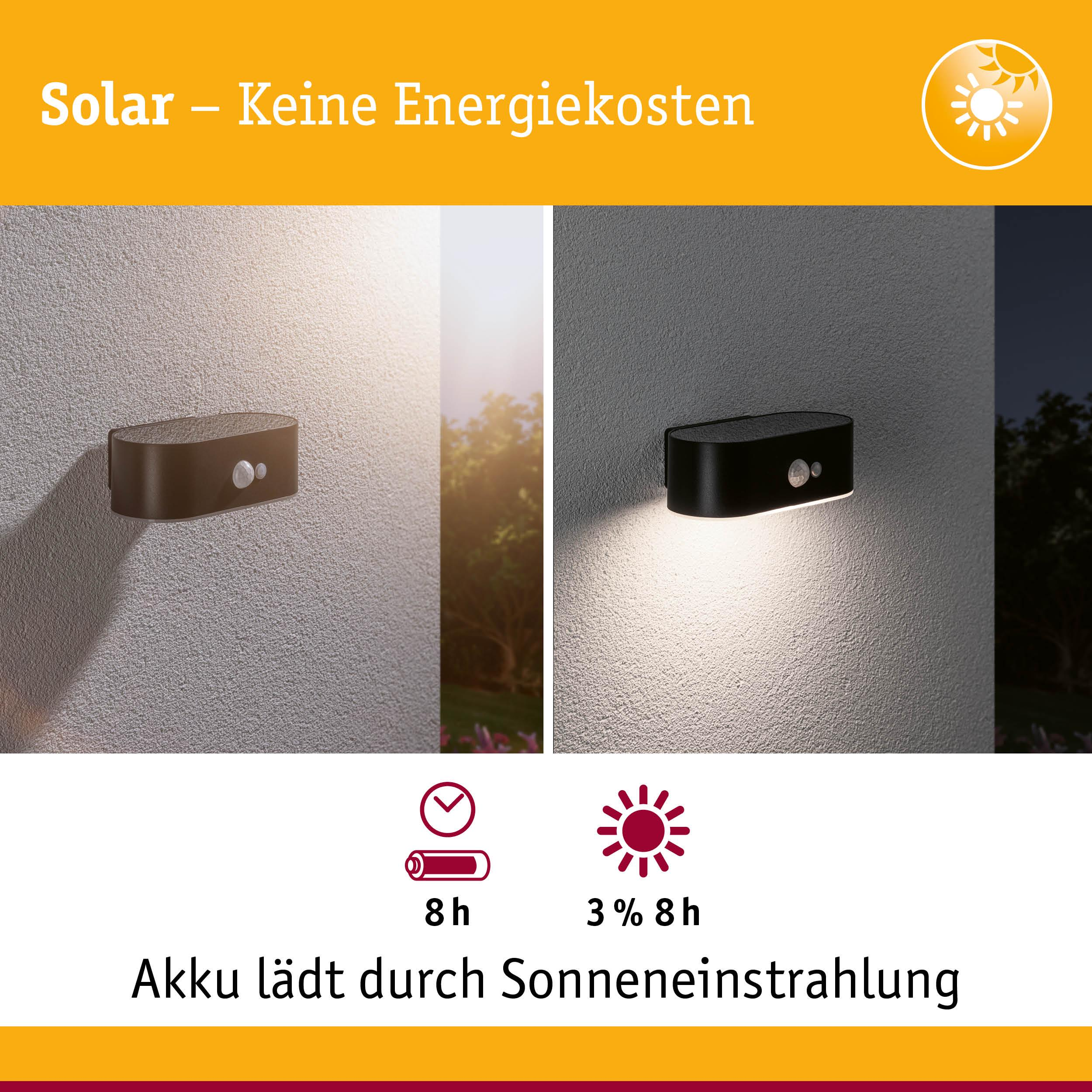 Lampada solare su muro, giorno e notte. Batteria si carica al sole.