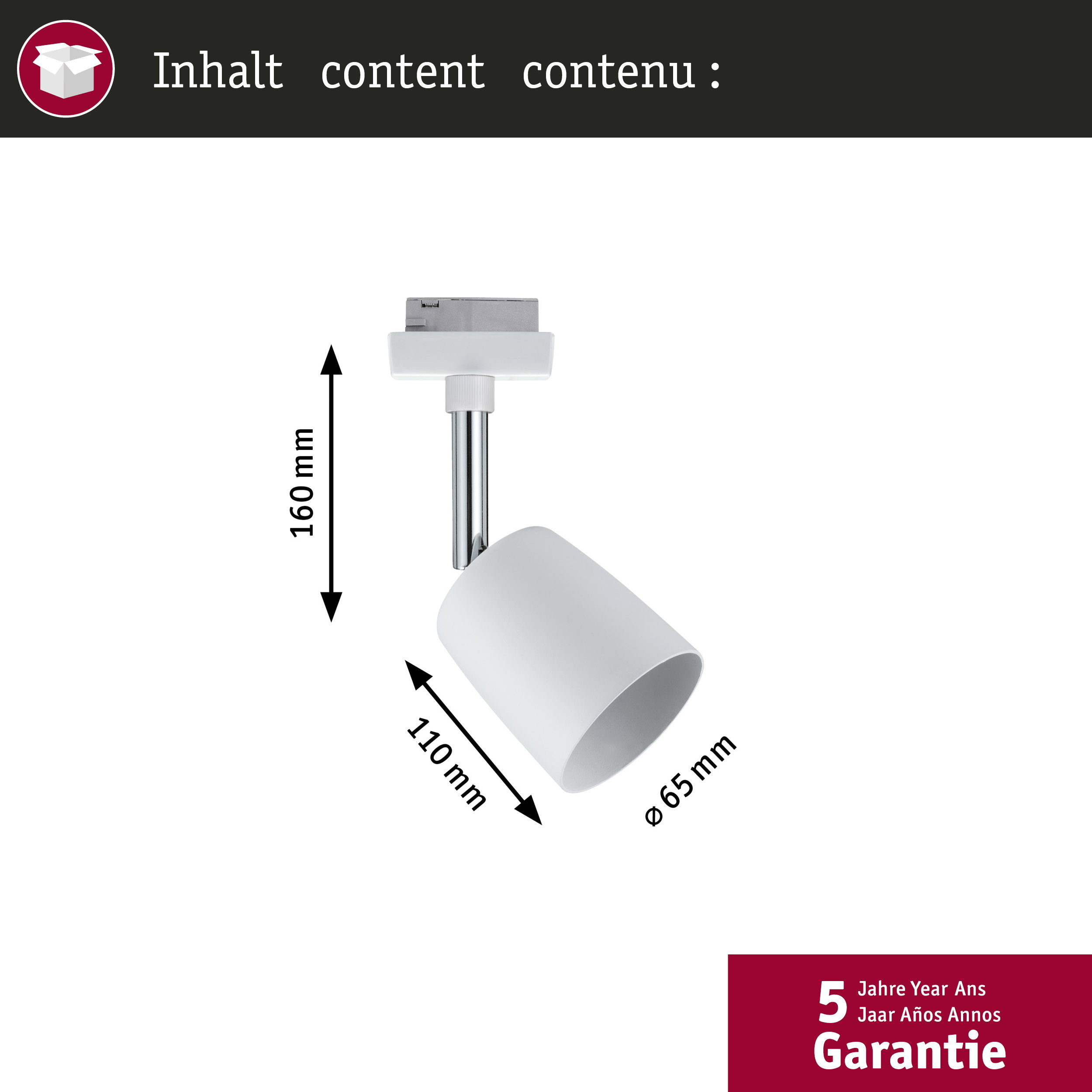 Un faretto su binario bianco con dimensioni 160mm altezza, 110mm lunghezza, 65mm diametro.